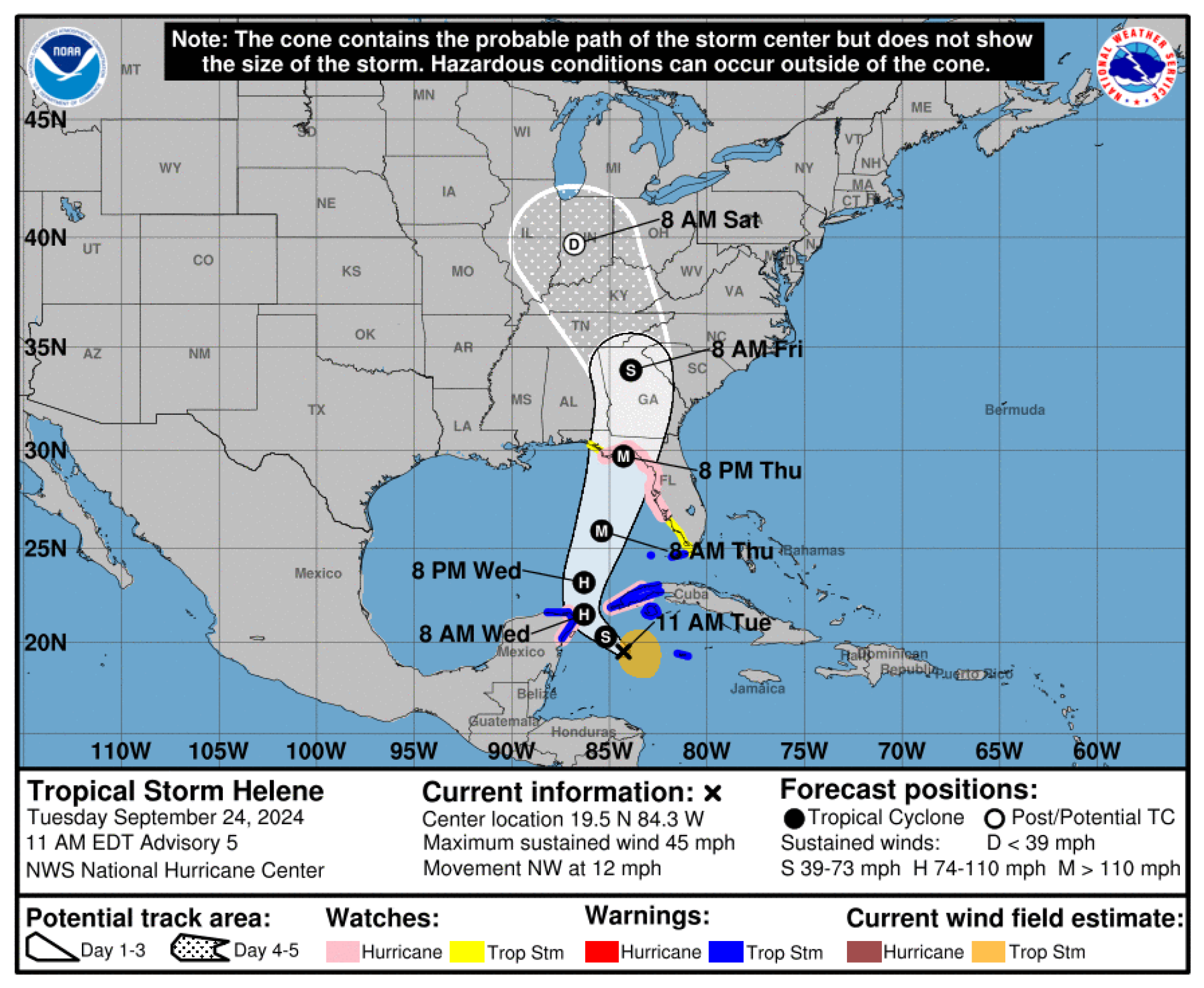 NOAA's cone graphic of Tropical Storm Helene showing threats to parts of Mexico, Cuba, and Florida.