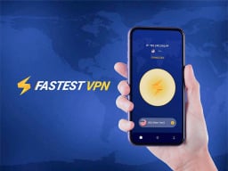 A Fastest VPN infographic, with a hand holding a phone that has the app open.