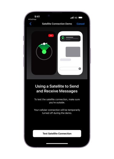 iPhone 14 showing demo of emergency sos via satellite
