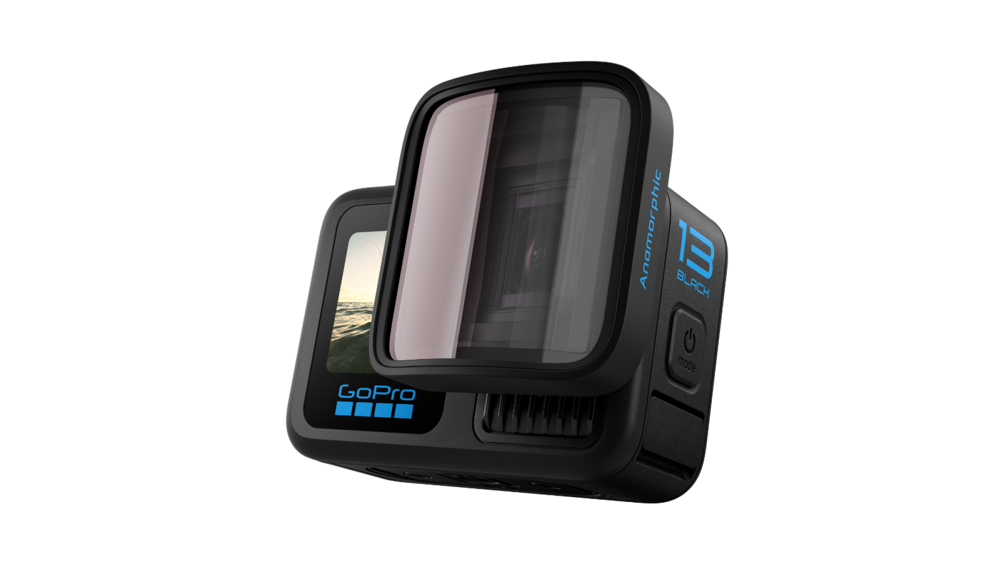 The GoPro HERO13 Black with the Anamorphic Lens on.