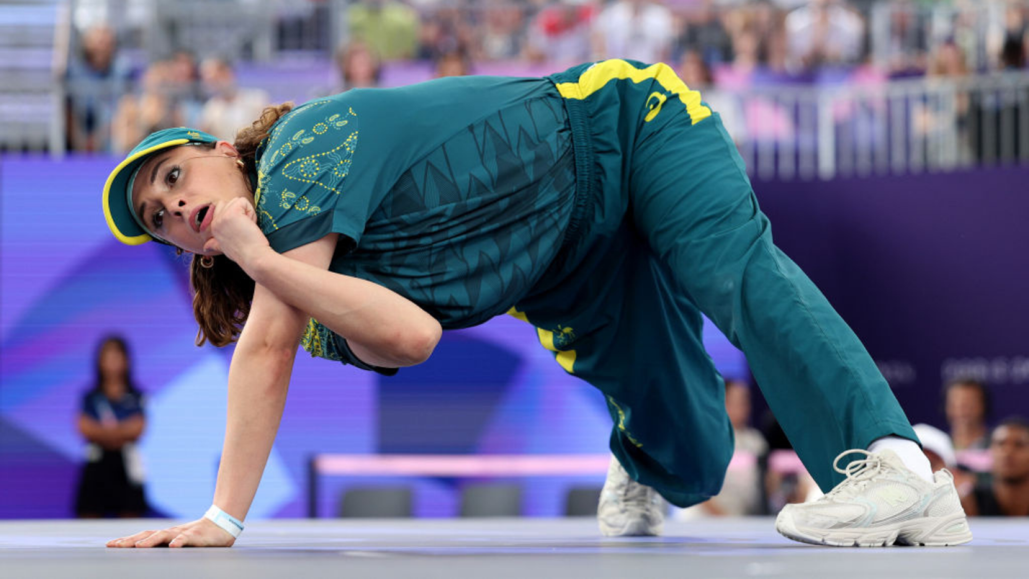 B-Girl Raygun of Team Australia competes during the B-Girls Round Robin - Group B on day fourteen of the Olympic Games Paris 2024 at Place de la Concorde on August 09, 2024 in Paris, France.