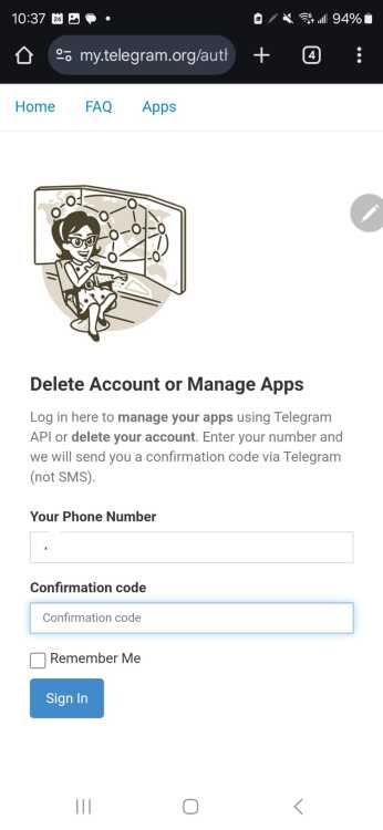 Second step on how to delete one's Telegram account