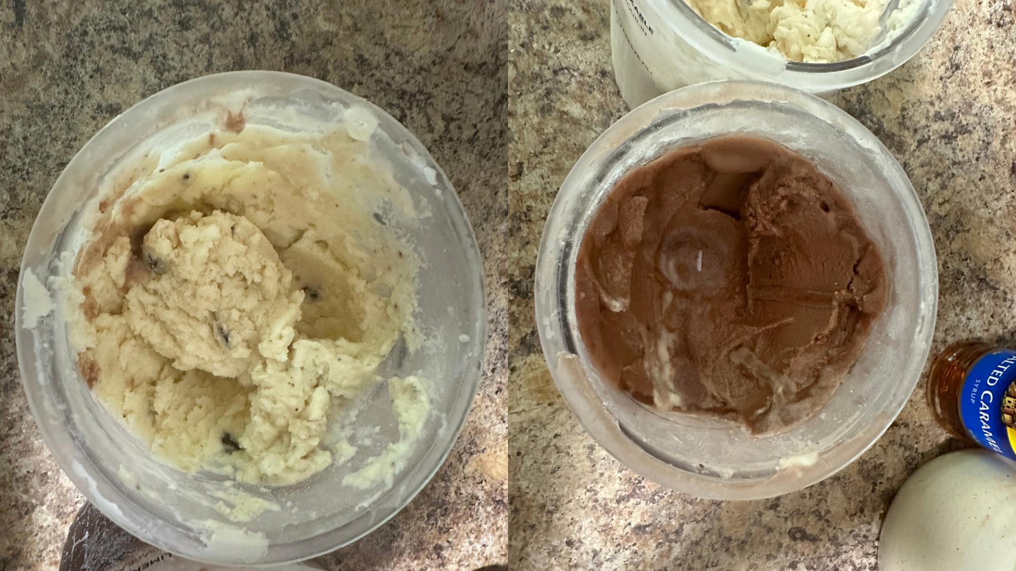 A side-by-side shot of salted caramel cookie dough and chocolate ice cream.