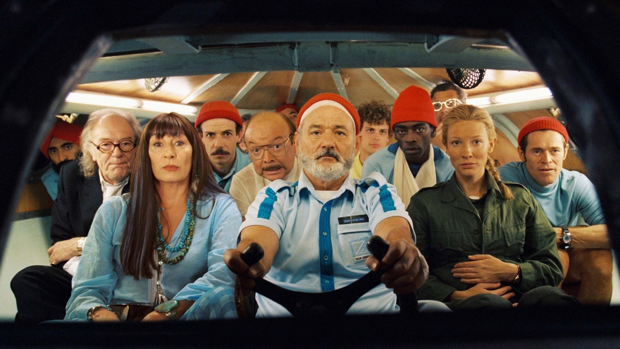 Waris Ahluwalia, Michael Gambon, Anjelica Huston, Noah Taylor, Bud Cort, Bill Murray, Matthew Gray Gubler, Seu Jorge, Jeff Goldblum, Cate Blanchett, and Willem Dafoe in "The Life Aquatic with Steve Zissou."