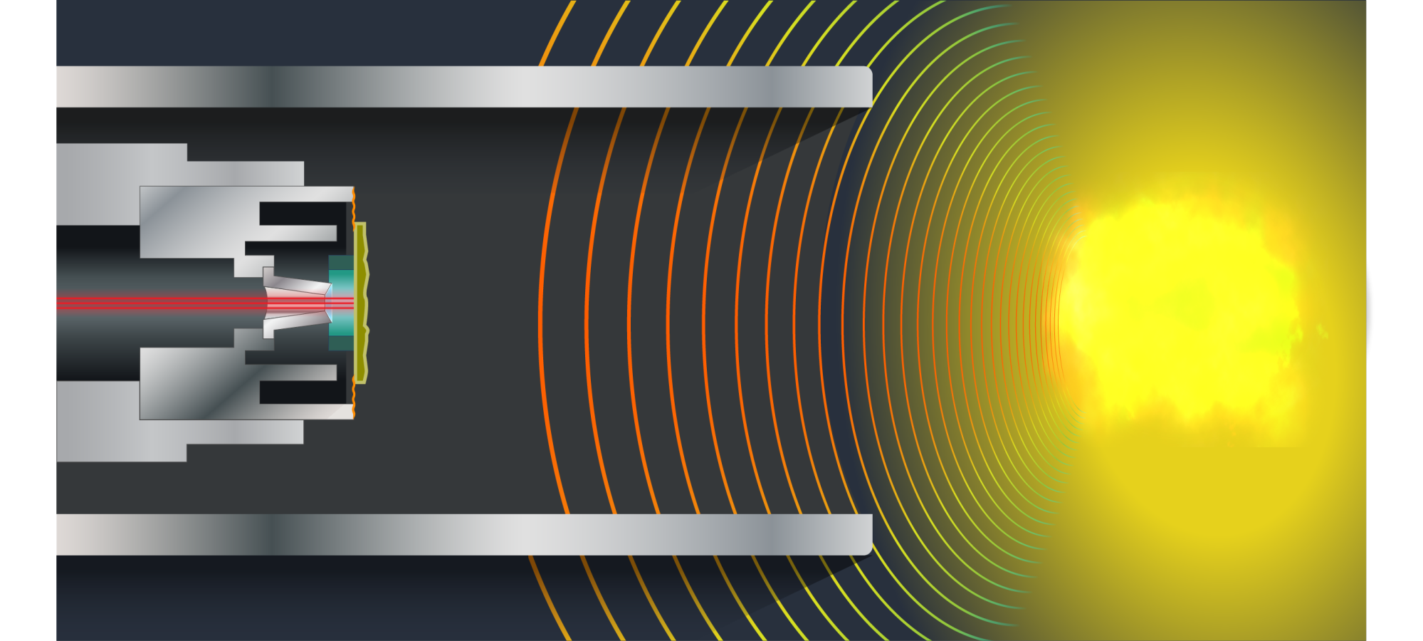 A graphic showing the simulated nuclear detonation inside the Z machine's chamber. The nuclear explosion, on right, is sending X-rays toward the mock asteroid, which is the vertical yellow object. The horizontal red lines, on left, demonstrate where the researchers measured the mock asteroid's recoil.