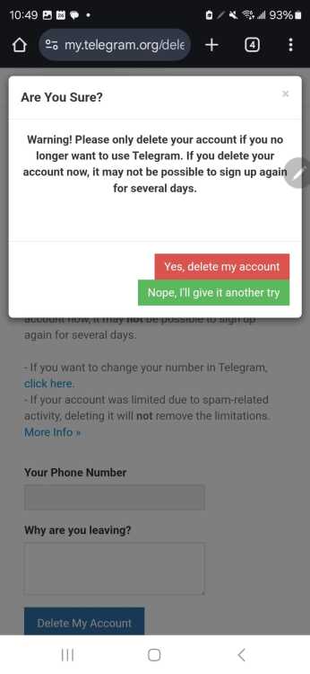 Fifth step on deleting Telegram account.