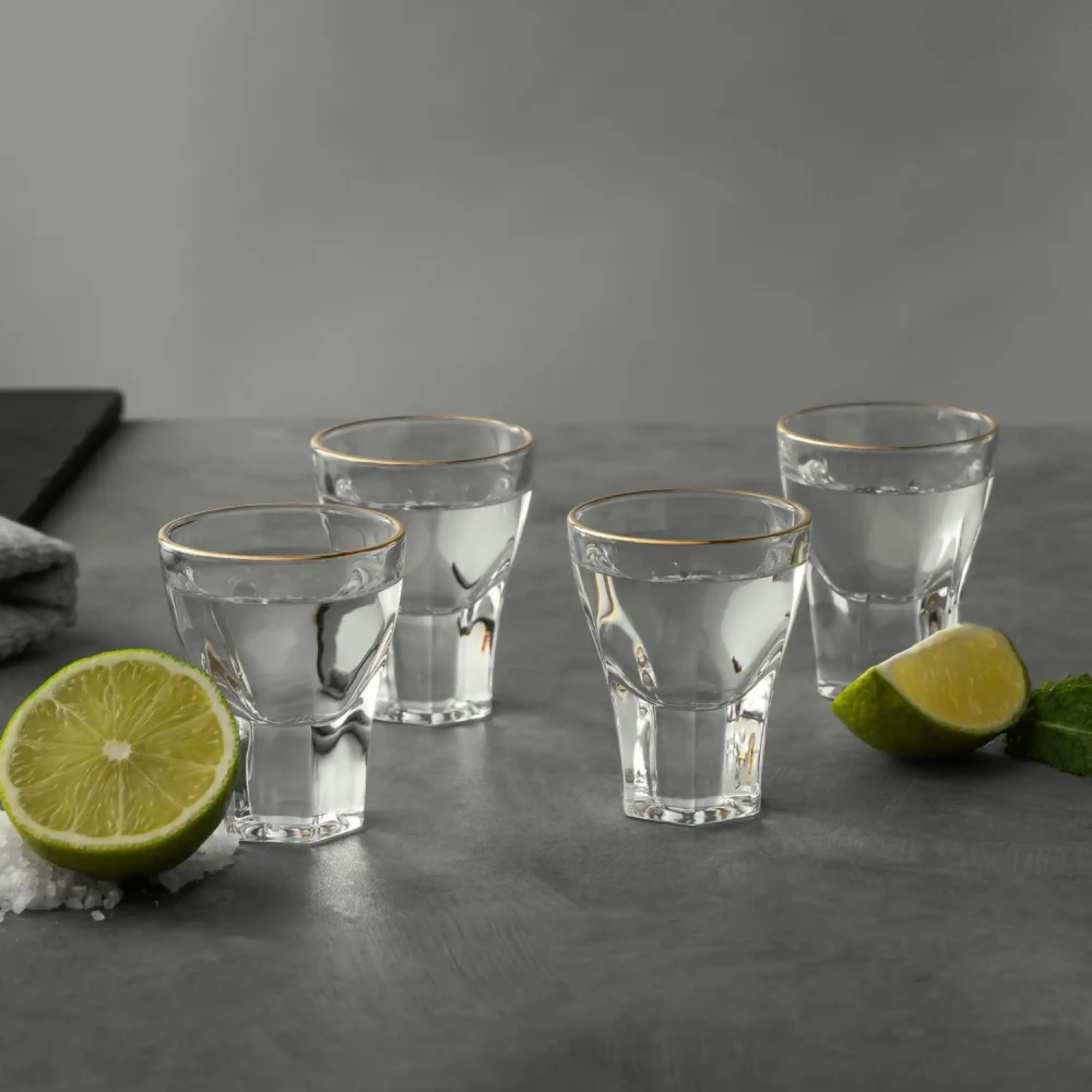 filled shot glasses and limes