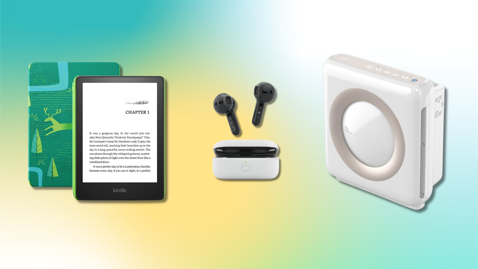 Kindle Paperwhite Kids, Amazon Echo Buds, and Coway air purifier with colorful background