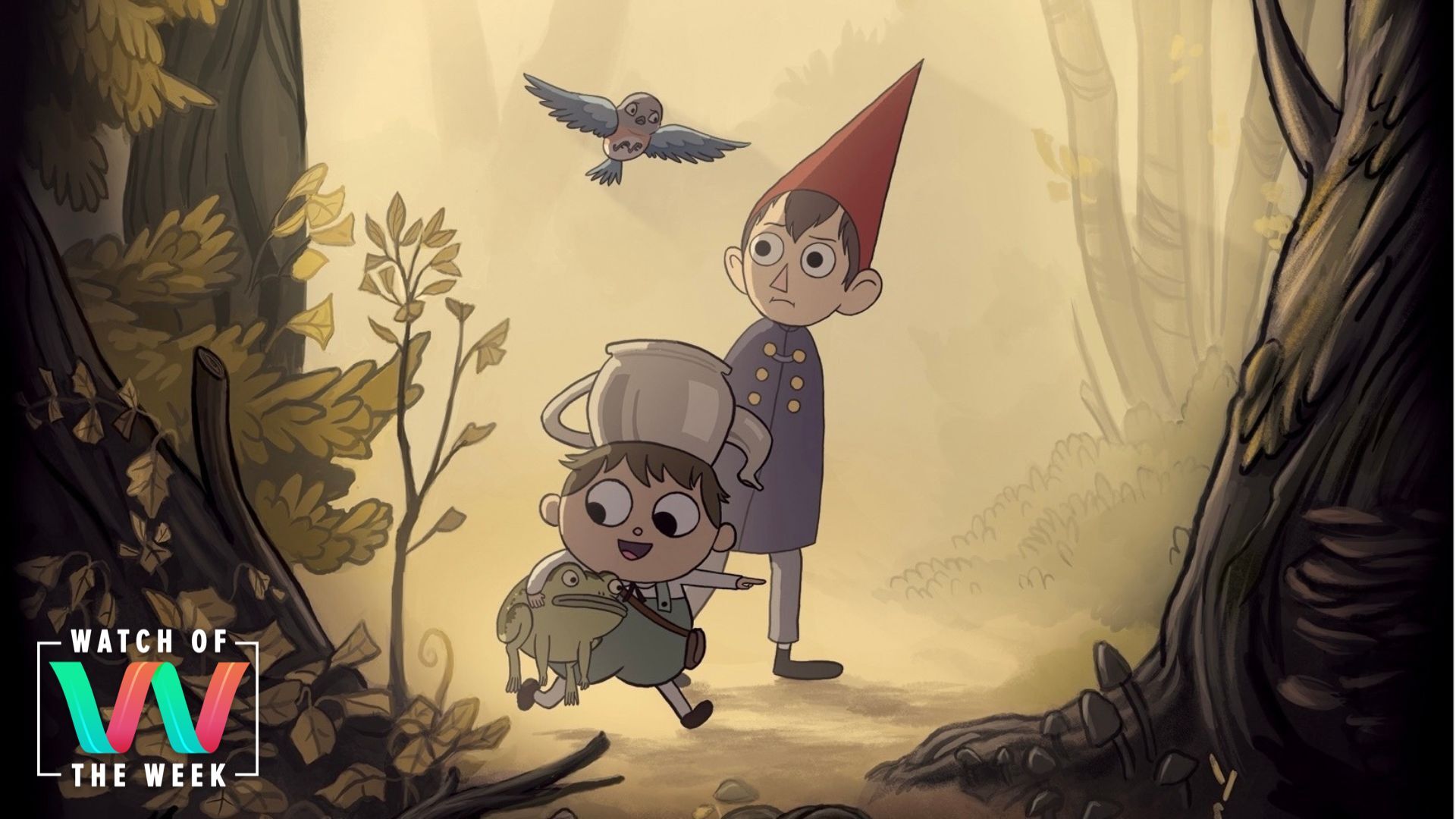 A young boy in green overalls with a teakettle on his head and a teenage boy in a blue cloak and conical red hat walk through the woods. A bluebird flies with them, and the younger boy holds a frog under his arm.