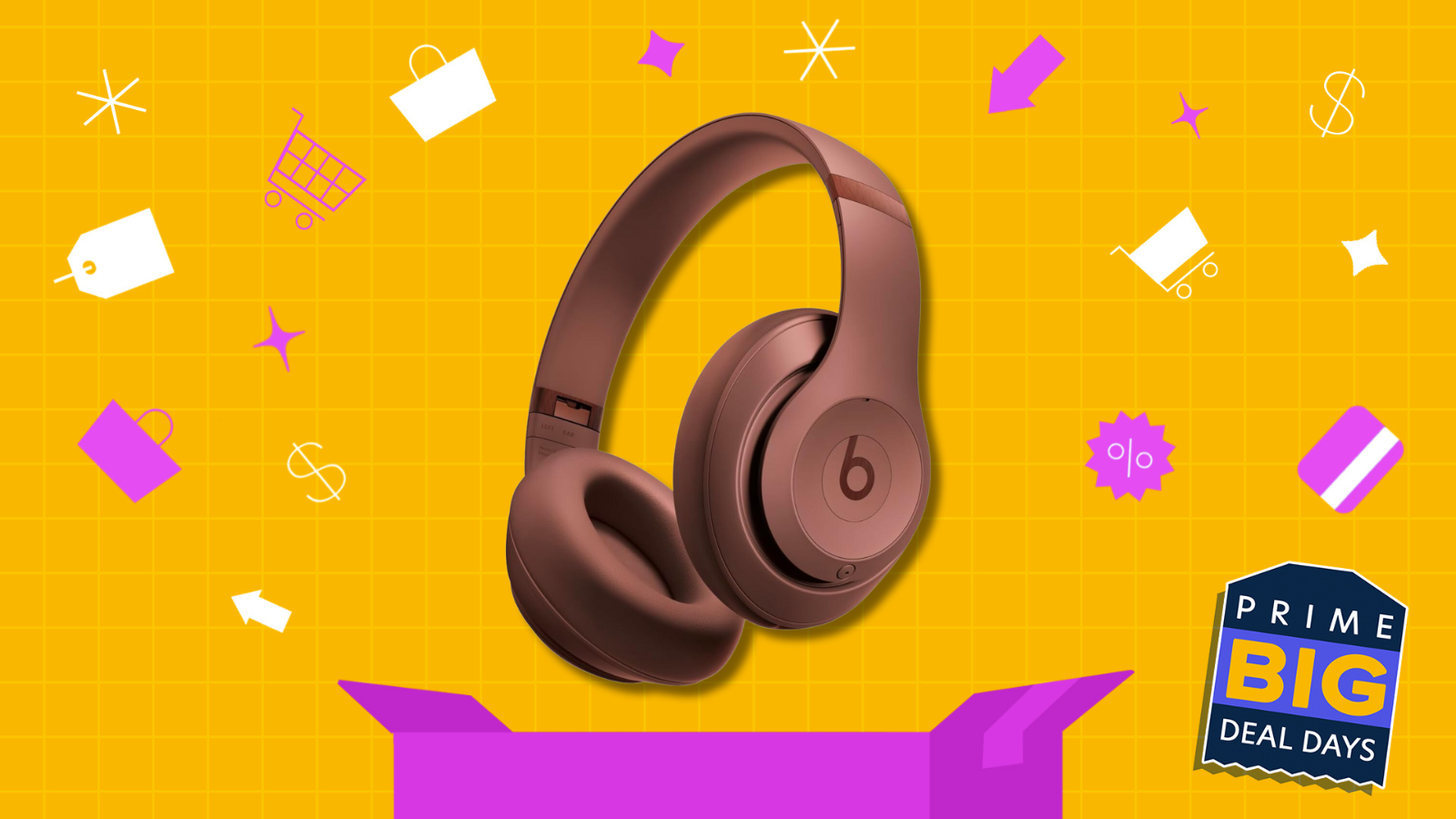 Kim Kardashian x Beats Studio Pro headphones on yellow Prime Day background