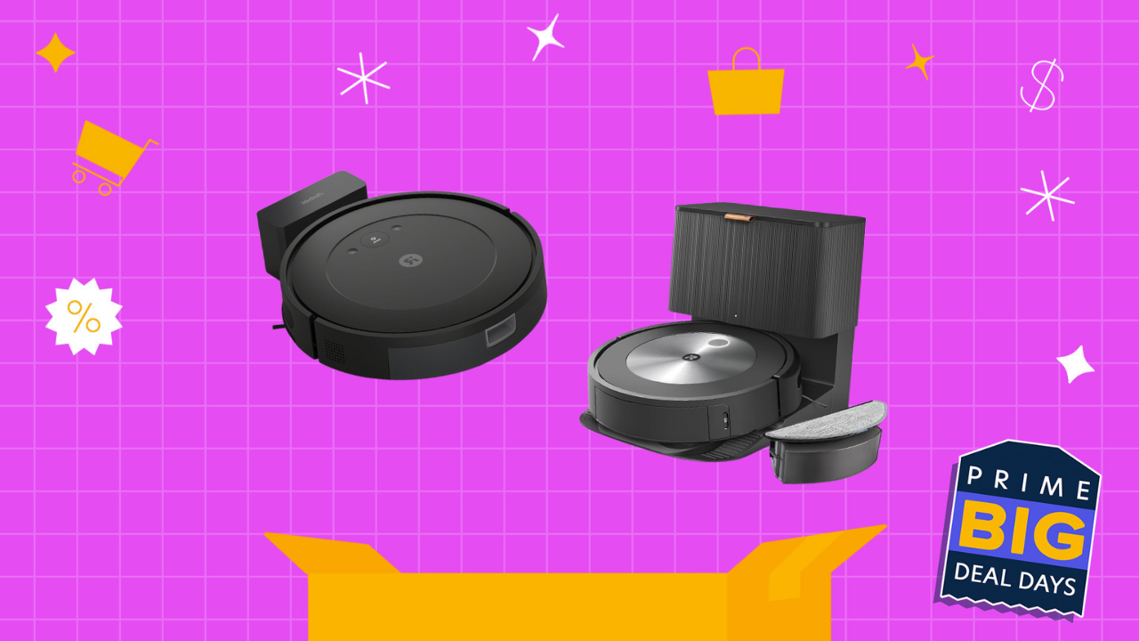 Various Roomba robot vacuums in front of a purple background