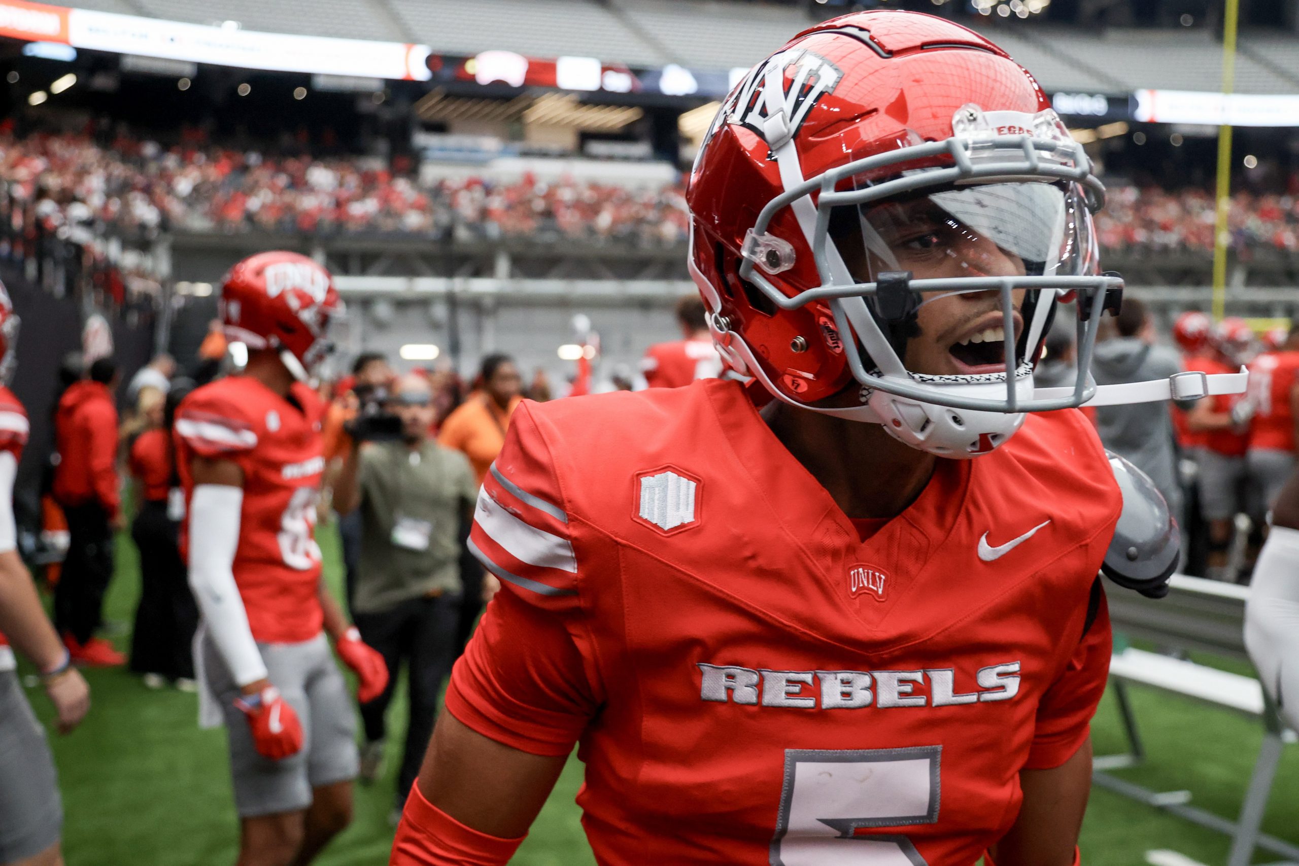 Cameron Oliver #5 of the UNLV Rebels reacts after an interception during the first quarter of a game against the Fresno State Bulldogs at Allegiant Stadium on Sept. 28, 2024, in Las Vegas, Nevada.