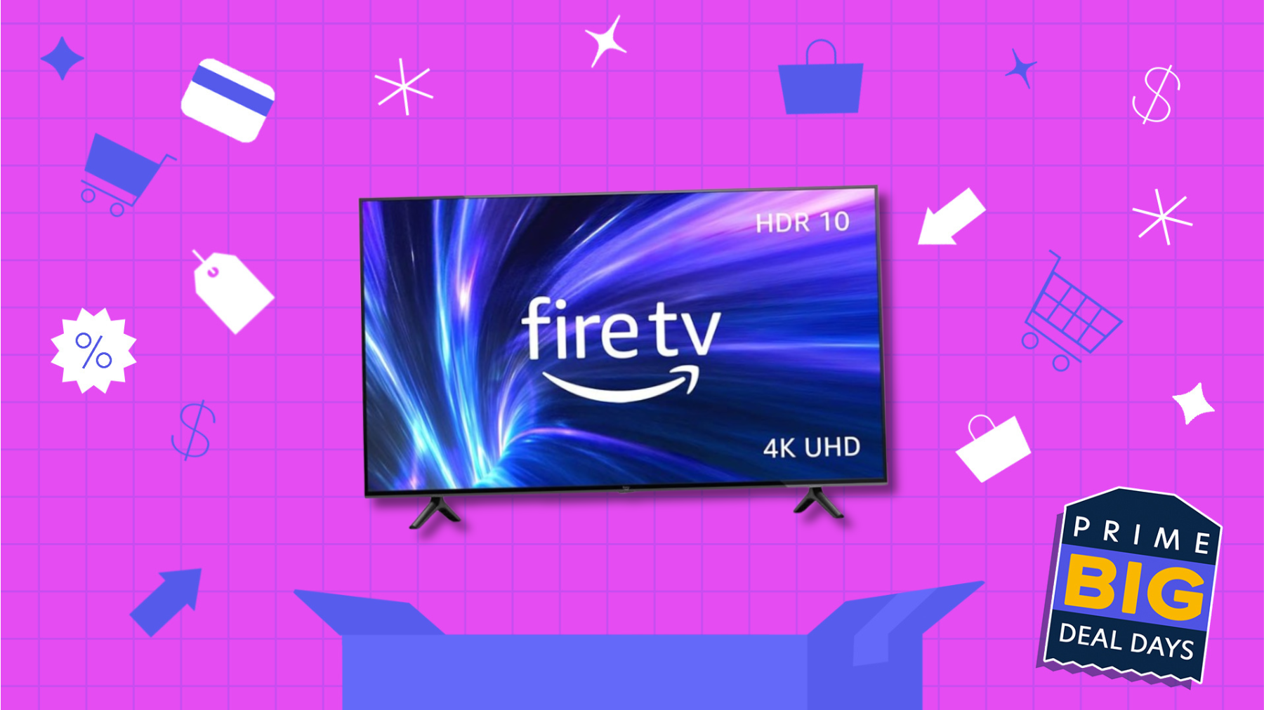 Amazon Fire TV on pink grid background with various shopping-related icons throughout