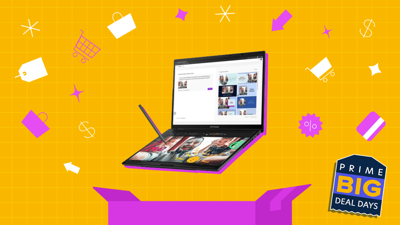 an asus zenbook duo with a stylus above a pink box against a yellow grid background surrounded by shopping icons