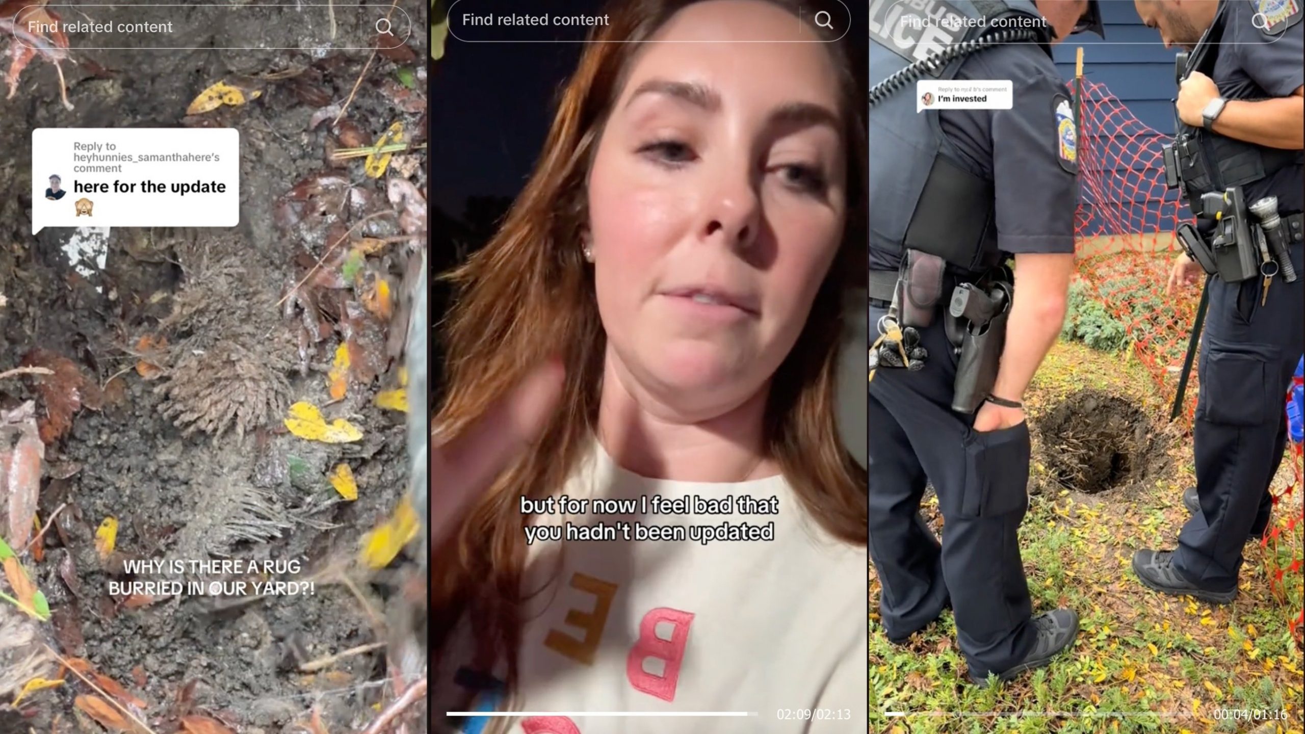 three screenshots of tiktoks. left of a hole with a rug in it. center of a woman talking to the camera. right of two cops looking into hole.