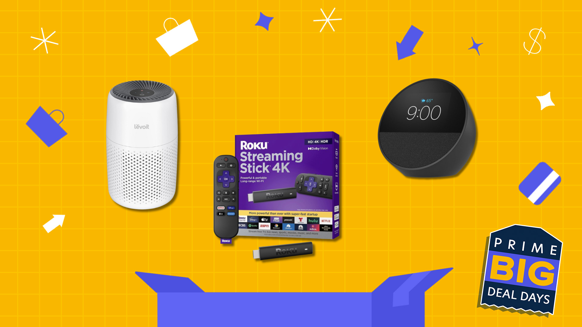 An illustrated background with a Levoit air purifier, Roku streaming stick, and an Amazon Echo Spot.