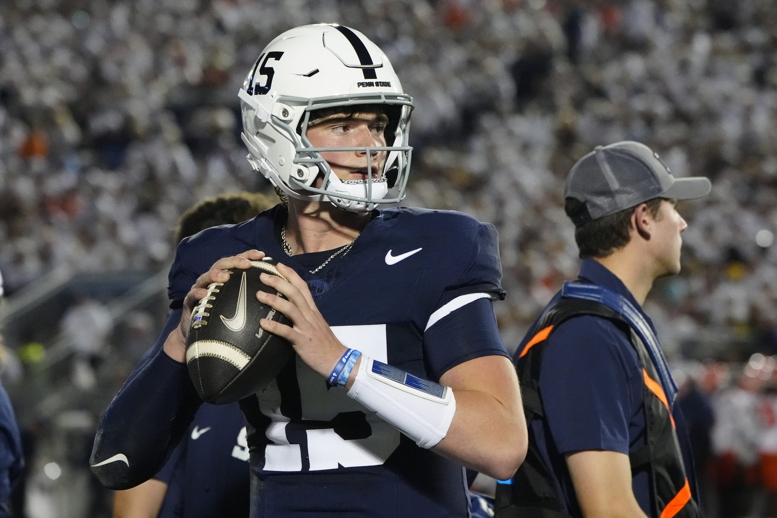 Penn State Nittany Lions Quarterback Drew Allar (15) makes some warm up passes at a break during the first half of the College Football game between the Illinois Fighting Illini and the Penn State Nittany Lions on Sept. 28, 2024, at Beaver Stadium in University Park, Pennsylvania.