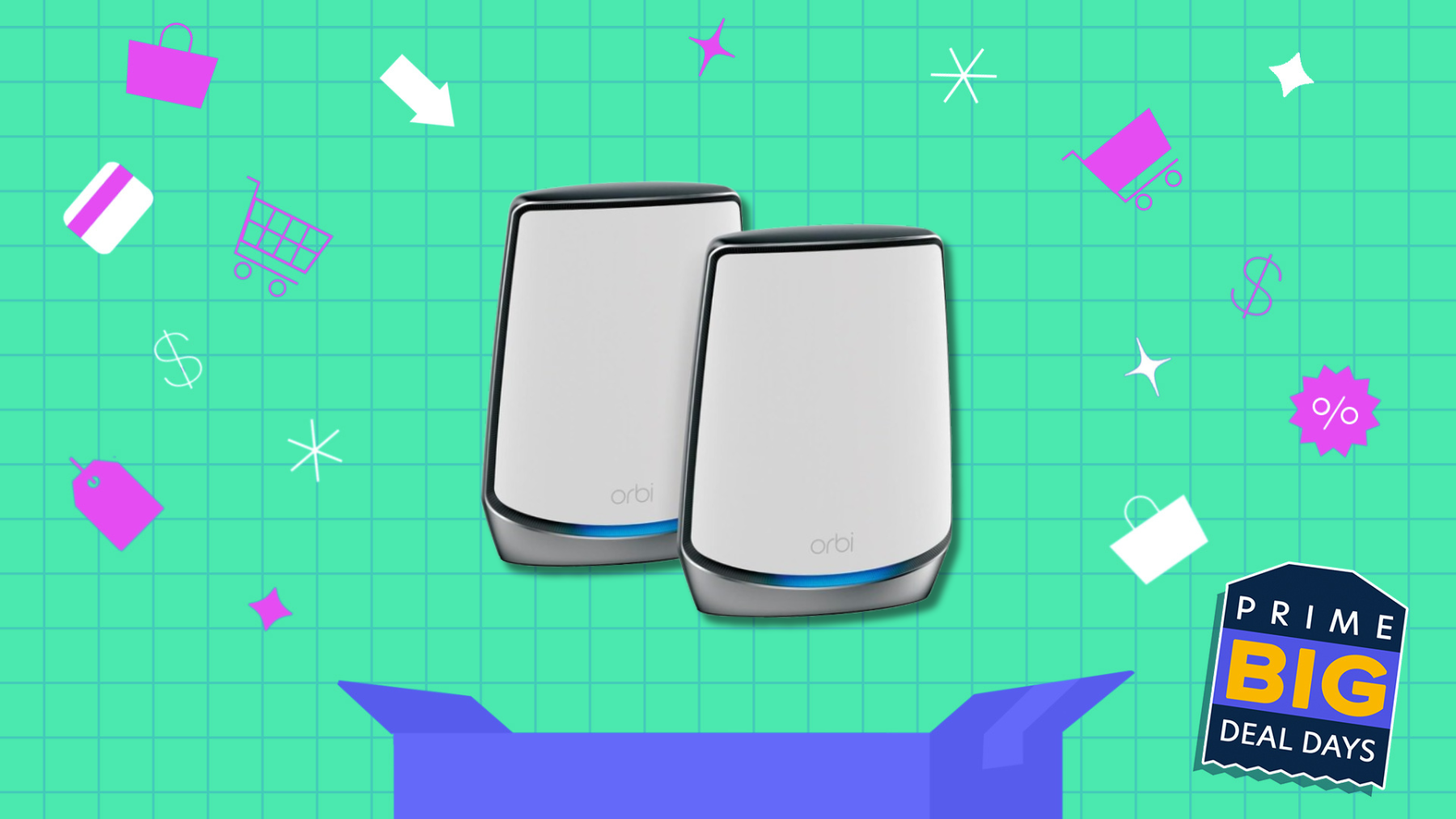 Two Netgear mesh WiFi routers on green grid backdrop with various shopping-related icons throughout