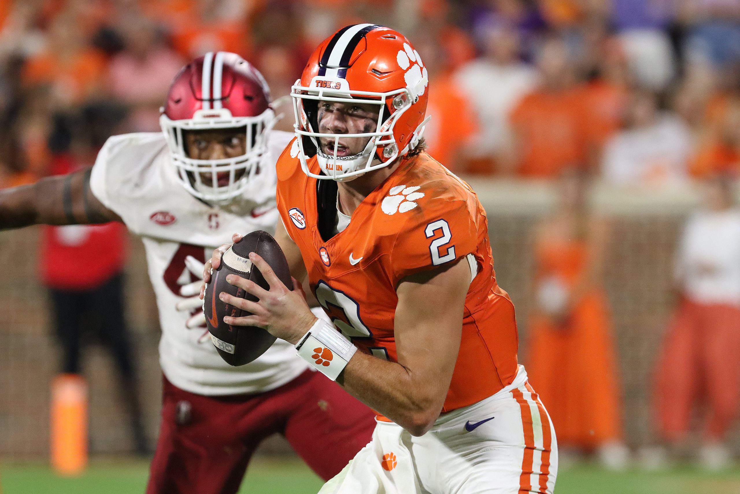 Clemson Tigers quarterback Cade Klubnik (2) during a college football game between the Stanford Cardinals and the Clemson Tigers on Sept. 28, 2024, at Clemson Memorial Stadium in Clemson, South Carolina.