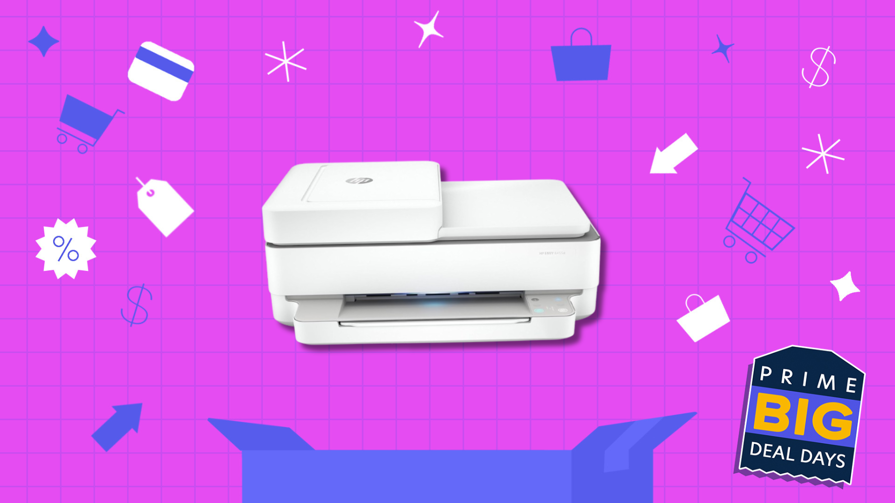 White HP printer on pink grid backdrop with various shopping-related icons throughout