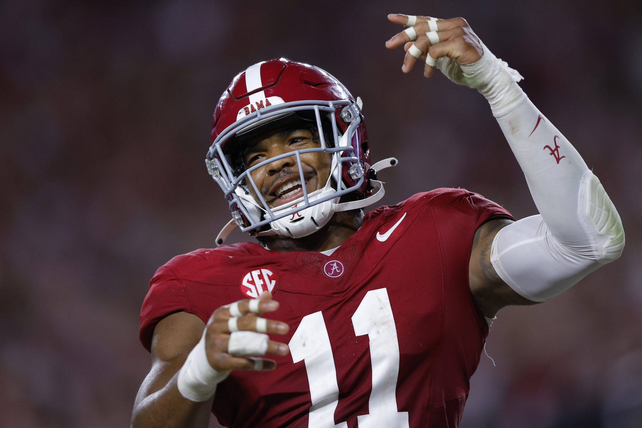 Jihaad Campbell #11 of the Alabama Crimson Tide reacts during the fourth quarter against the Georgia Bulldogs at Bryant-Denny Stadium on Sept. 28, 2024, in Tuscaloosa, Alabama. 