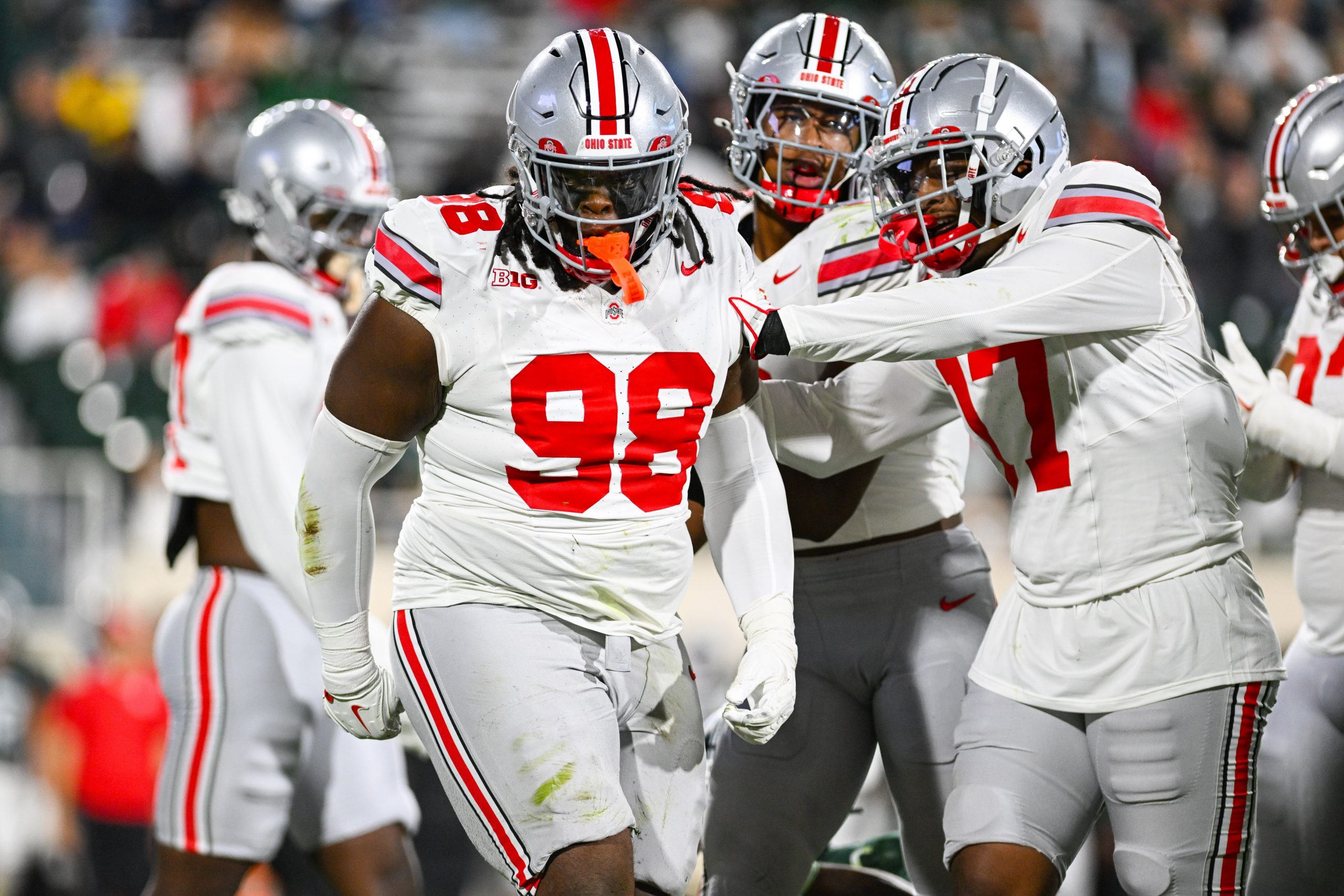 Ohio State Buckeyes defensive tackle Kayden McDonald (98) celebrates a tackle during a college football game between the Michigan State Spartans and the Ohio State Buckeyes on Sept. 14, 2024, at Spartan Stadium in East Lansing, Michigan.