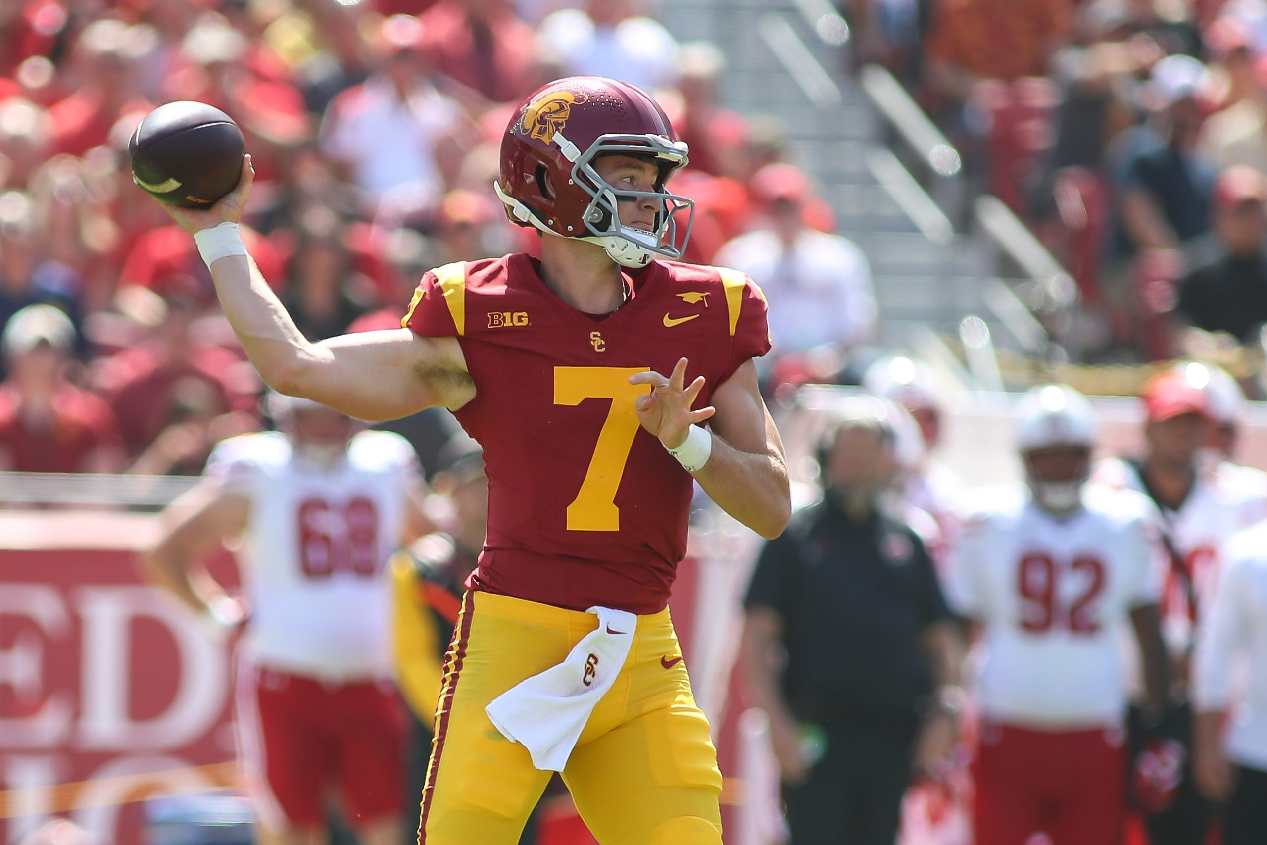 USC Trojans quarterback Miller Moss (7) looks to pass during the college football game between the Wisconsin Badgers and the USC Trojans on Sept. 28, 2024, at the Los Angeles Memorial Coliseum in Los Angeles, California.