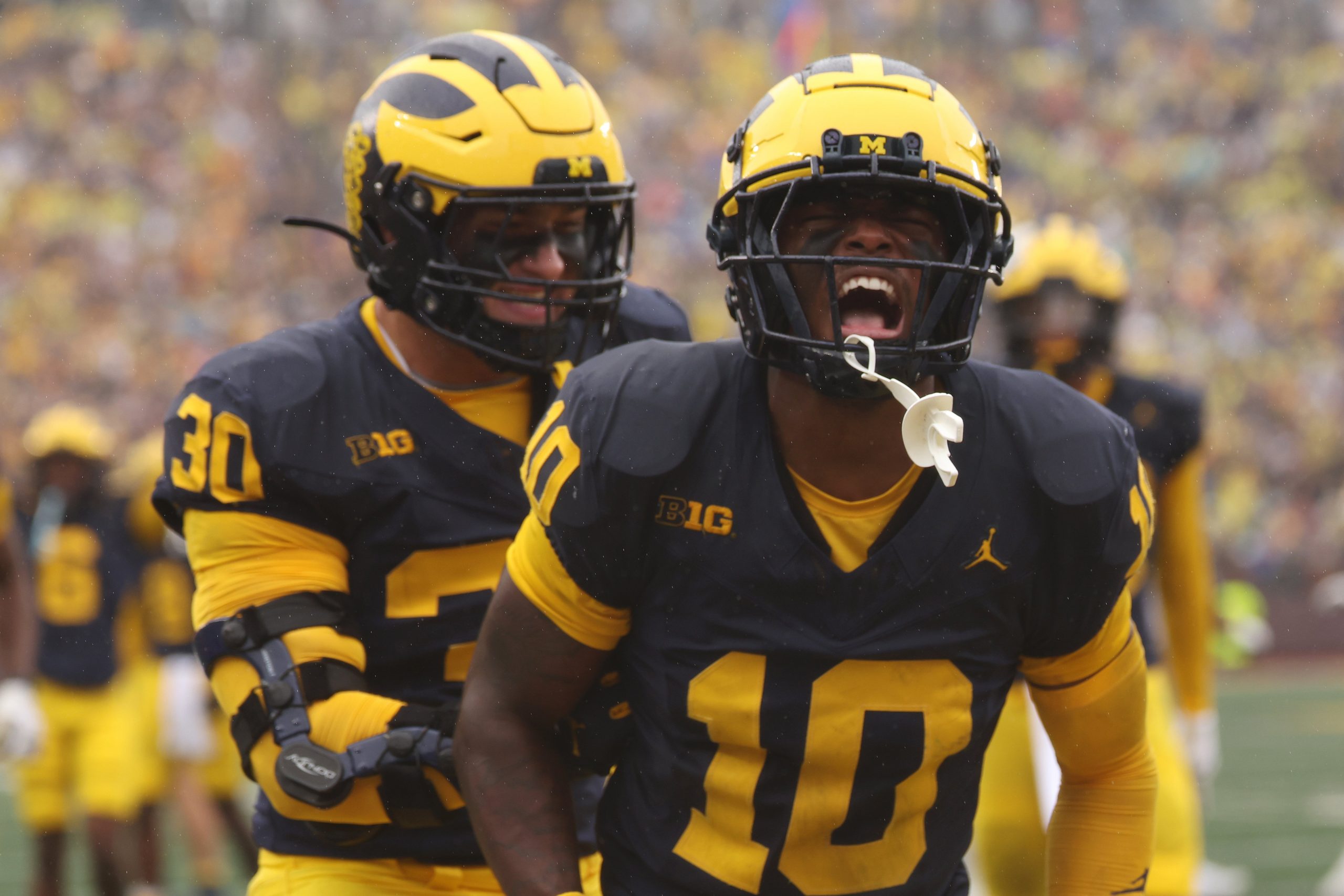 Zeke Berry #10 of the Michigan Wolverines reacts to recovering a first half fumble while playing the Minnesota Golden Gophers at Michigan Stadium on Sept. 28, 2024, in Ann Arbor, Michigan.