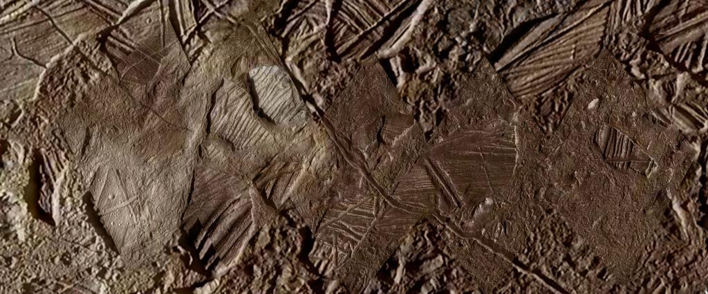 A view of the icy, cracked surface of Jupiter's moon Europa.