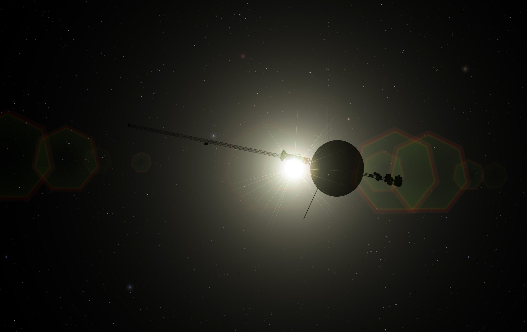 An artist's conception of a Voyager craft journeying through deep space.