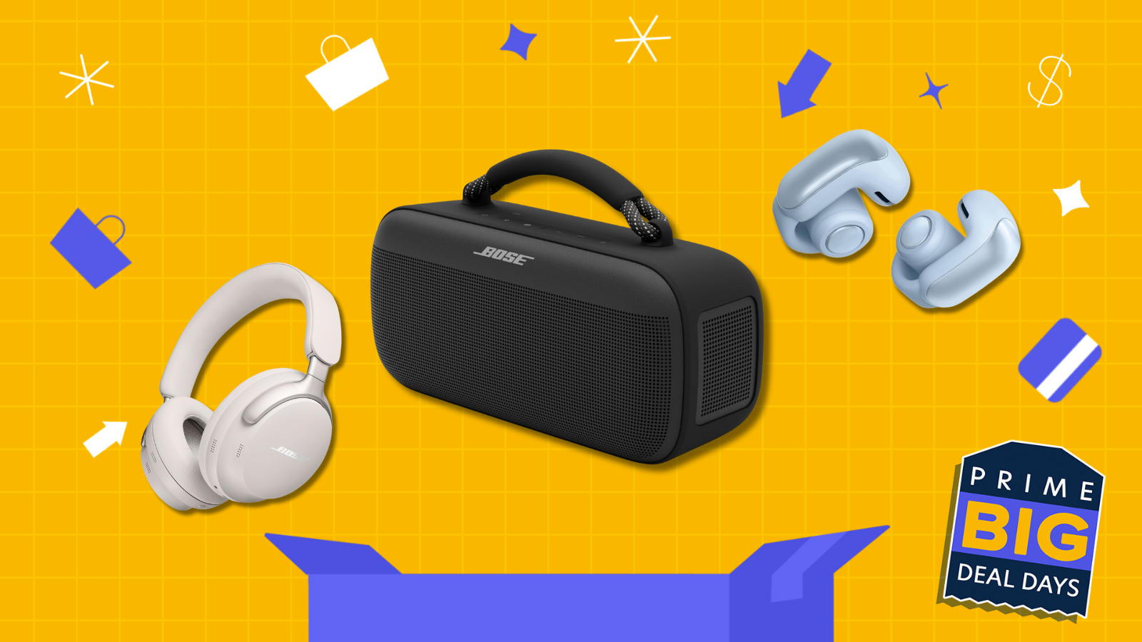 Bose headphones and speakers on top of yellow and blue illustrated prime day background