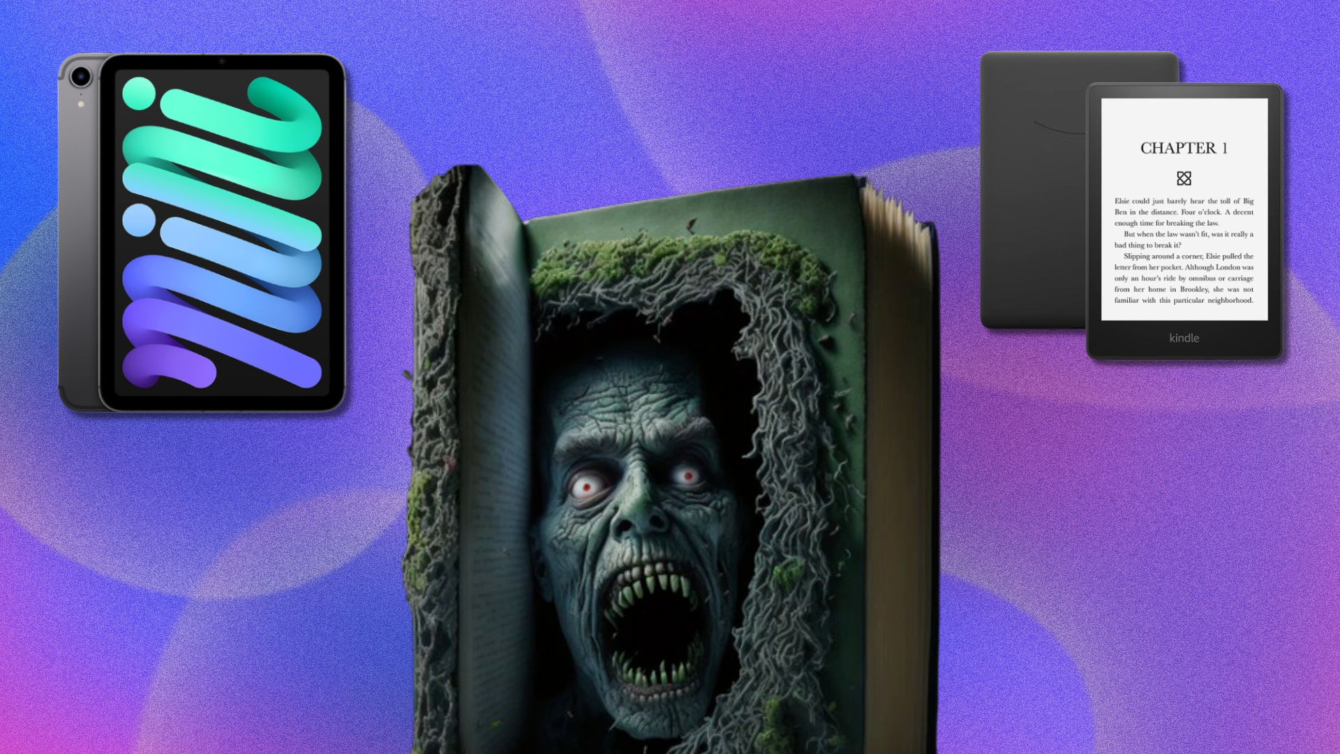 A graphic background showing an iPad Mini, Kindle Paperwhite, and image of a scary face coming out of an old book.