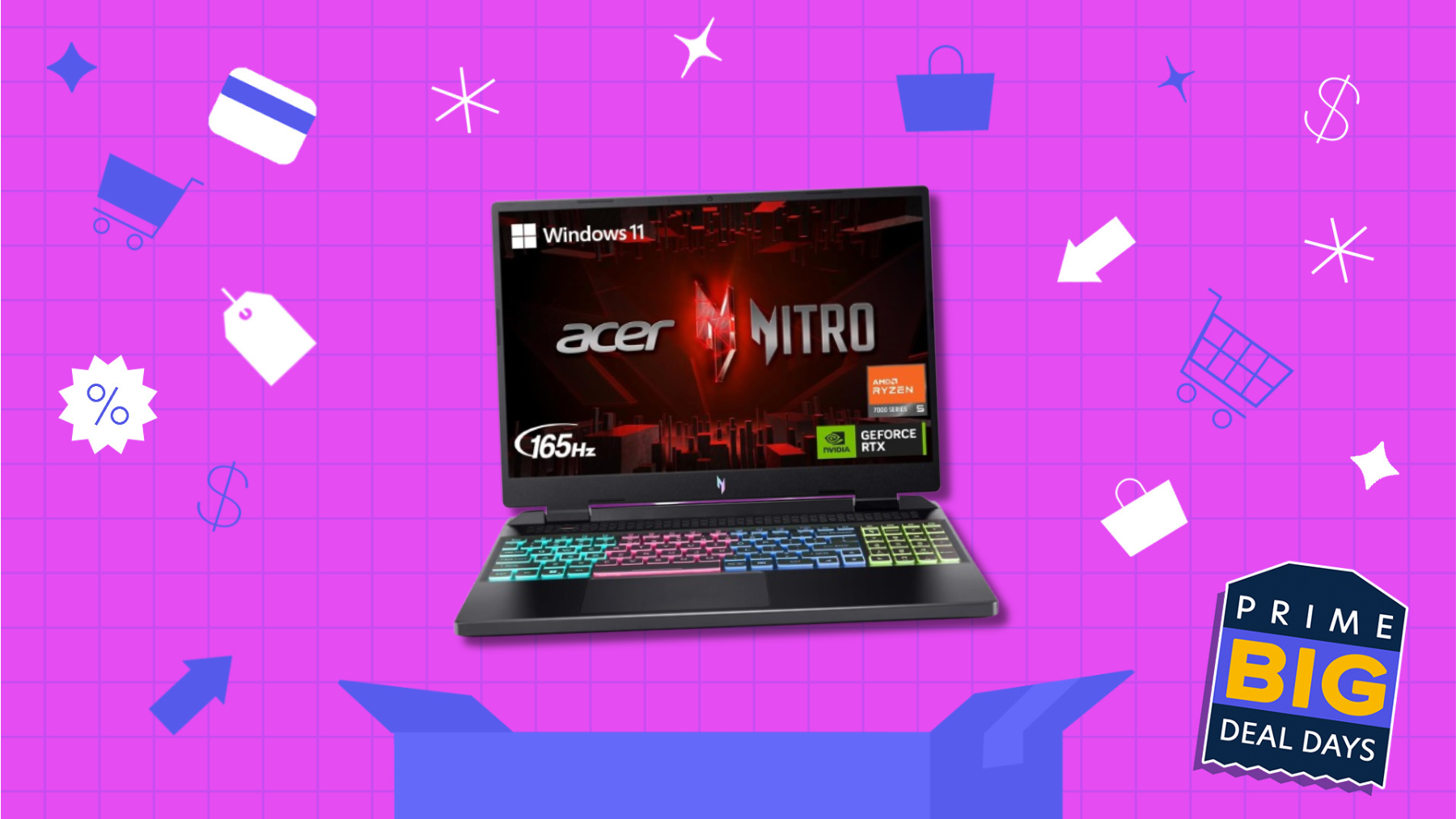 Acer Nitro gaming laptop with lit up keyboard on pink grid background with various shopping-related icons throughout