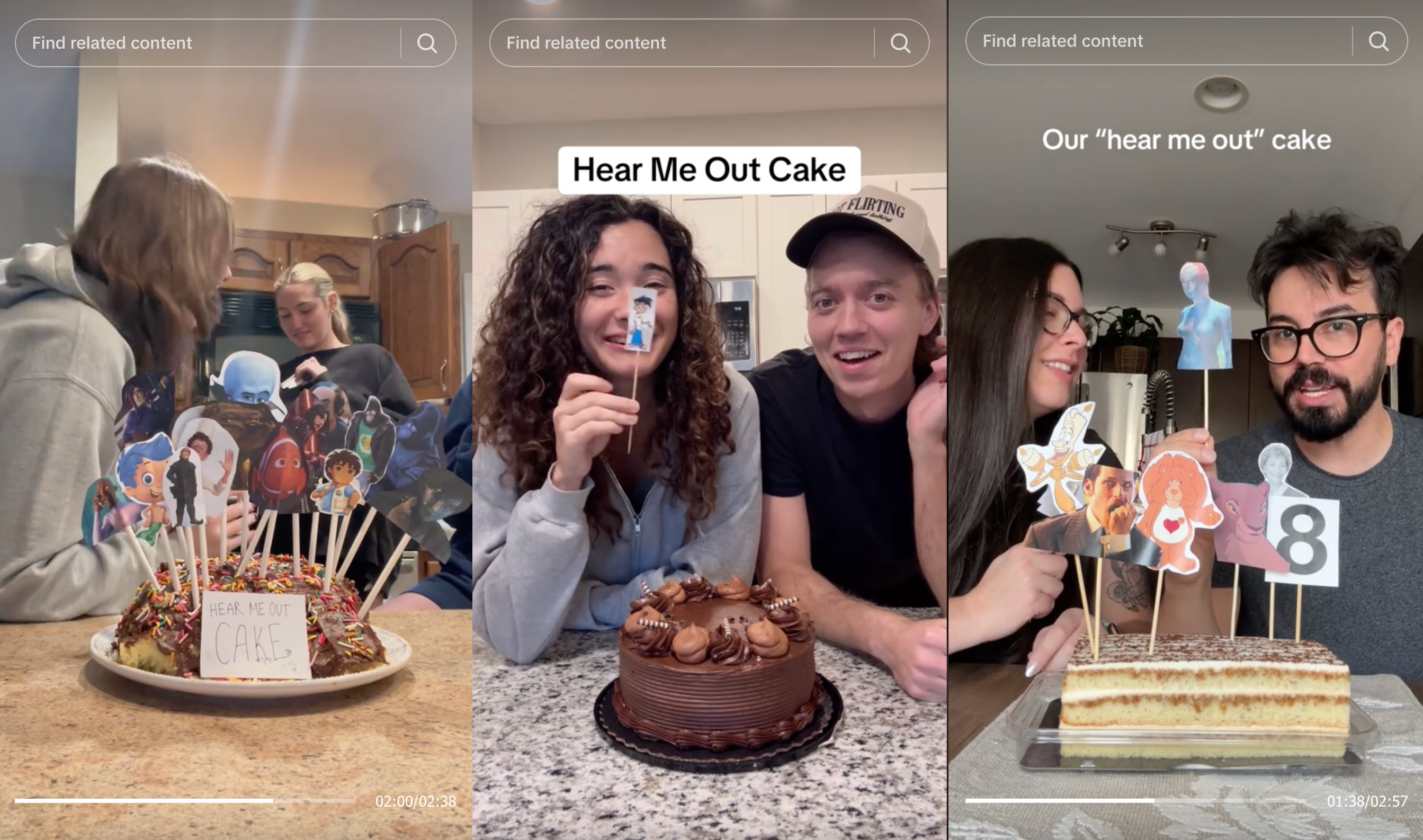 screenshots of tiktoks of people doing hear me out cake trend