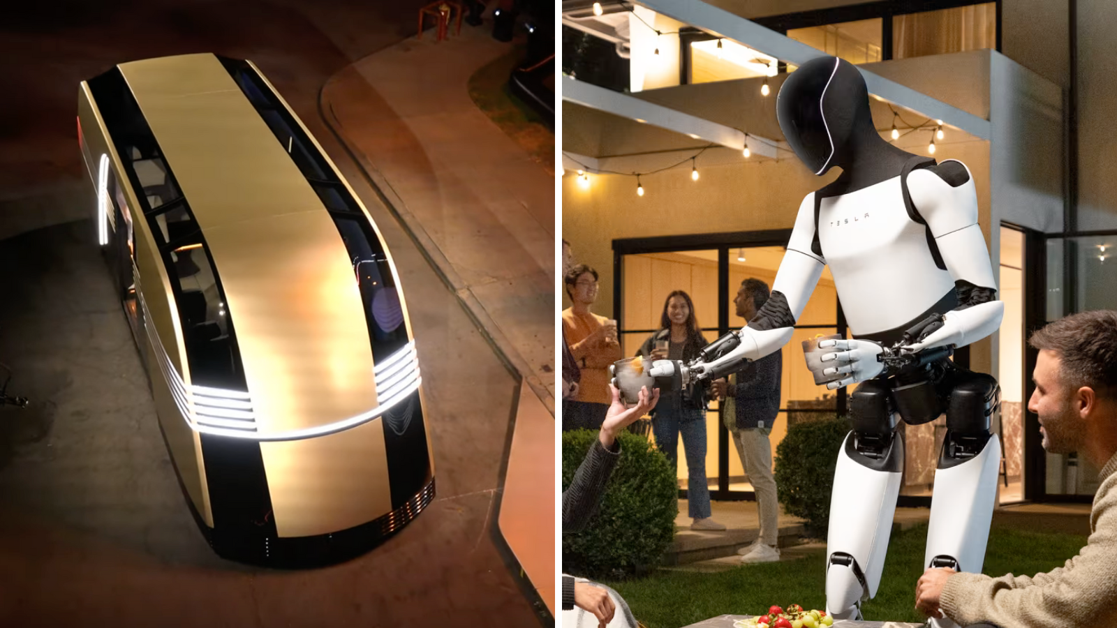 Two images side by side. On the left is a screenshot of the Robovan. On the right is a Tesla promotional image of an Optimus robot serving someone a drink.