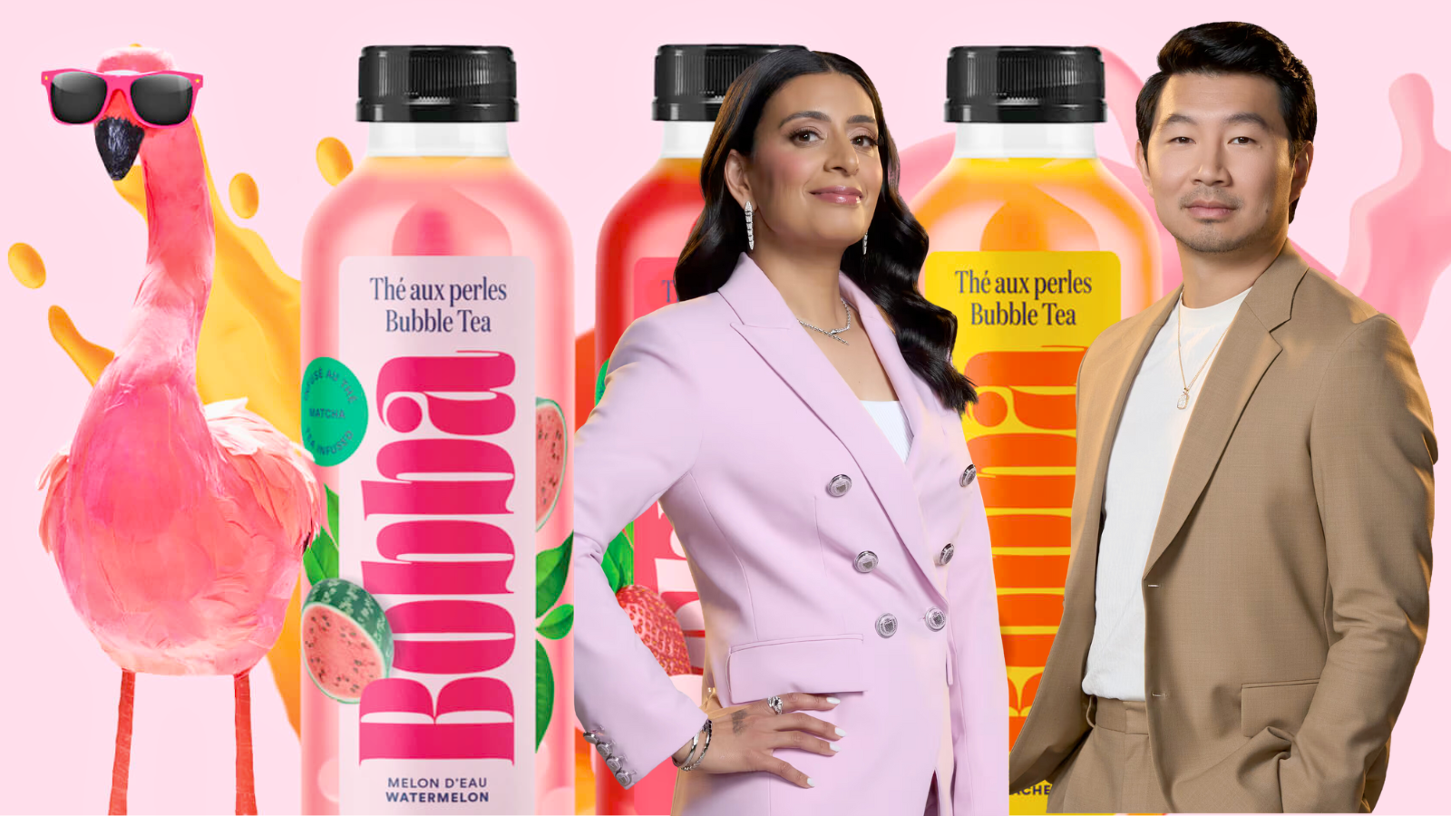 A composite image of Bobba bottles with Dragons' Den investors Manjit Minhas and Simu Liu in front of them. There is also a flamingo wearing sunglasses.