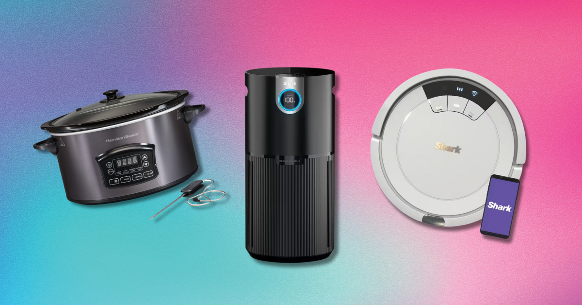 slow cooker, air purifier, and robot vacuum against a colorful background 