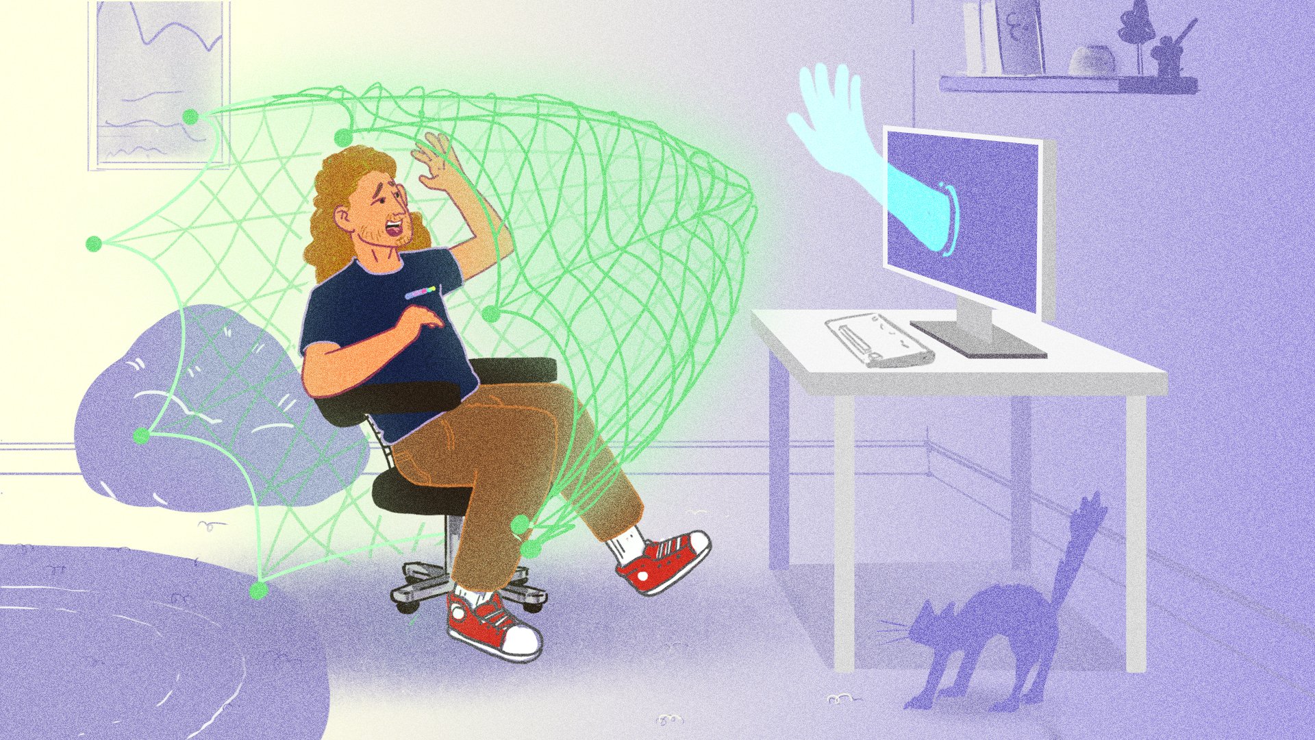 A person at a computer being trapped in a net by a disembodied hand emerging from the monitor while a frightened cat looks on