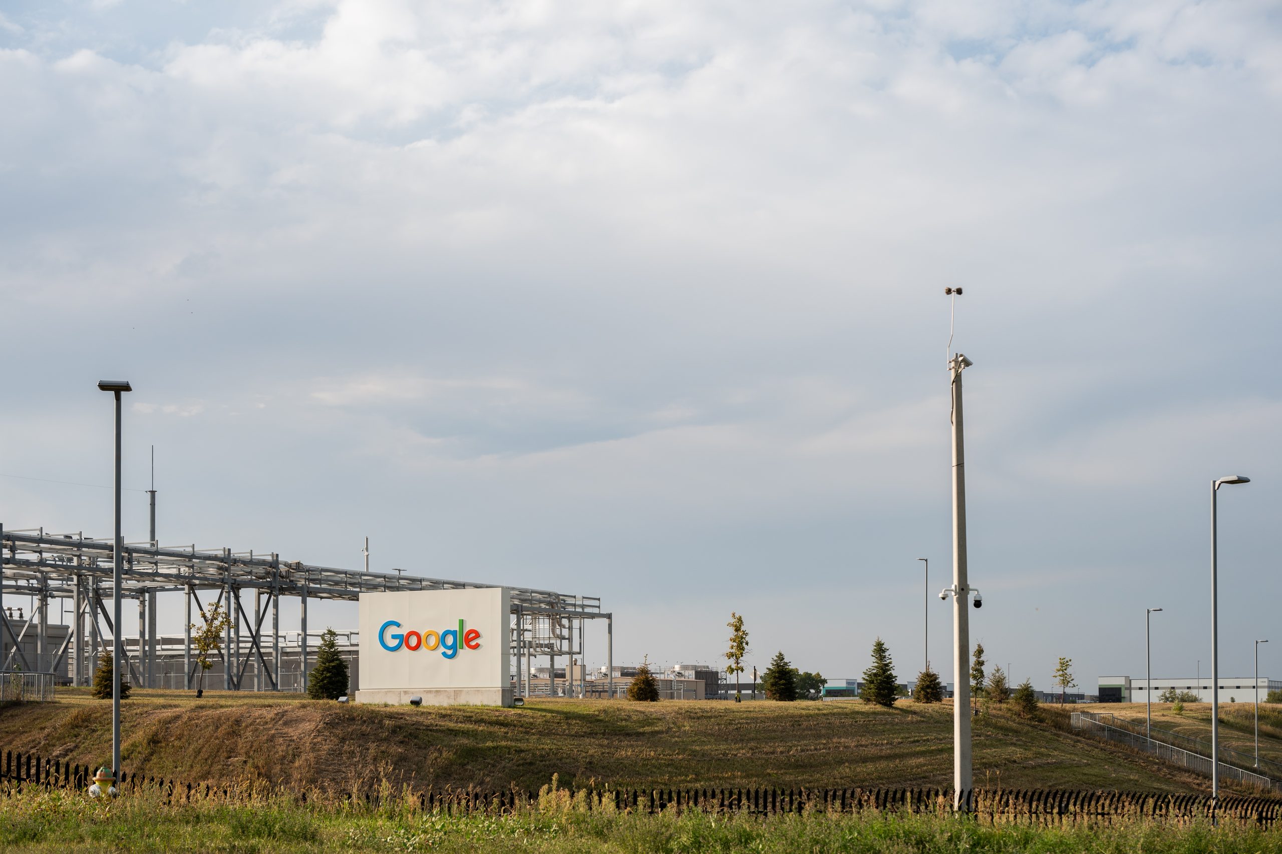 A Google sign outside a Nebraska data center. 