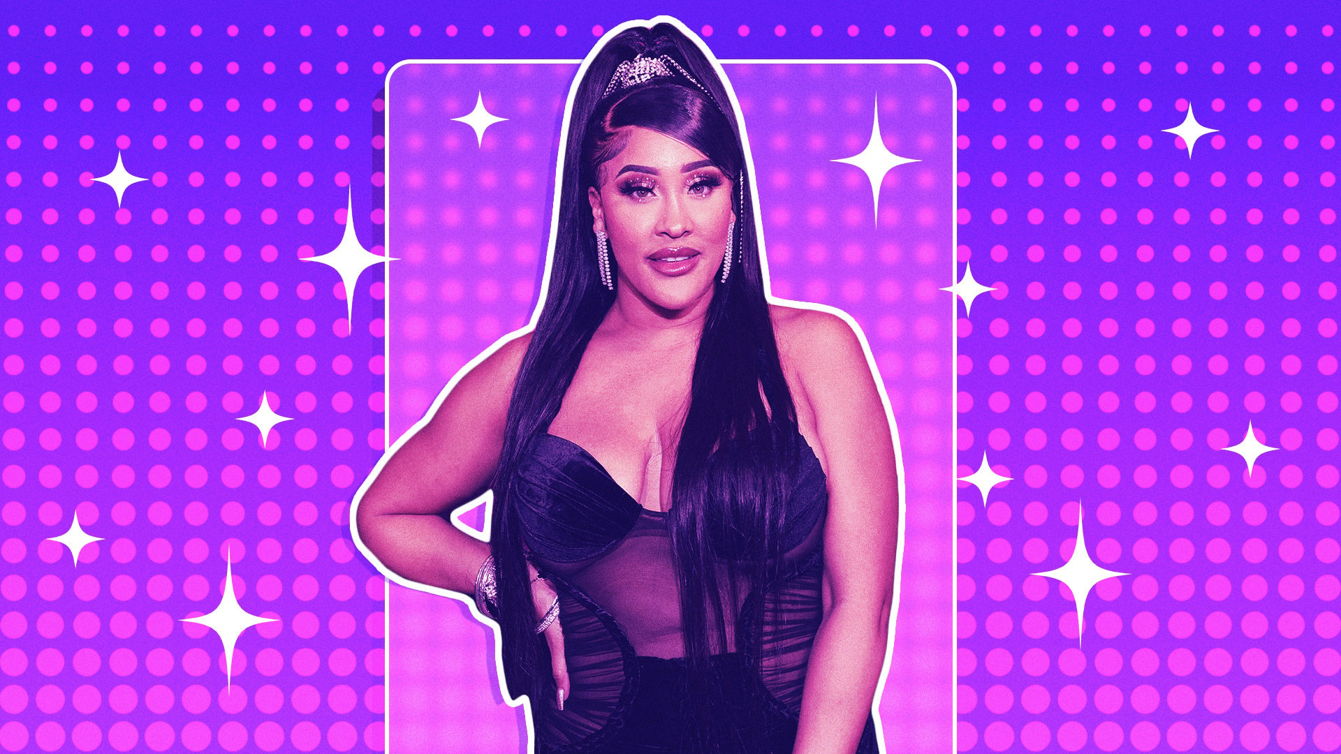 Natalie Nunn superimposed on a pink sparkly background