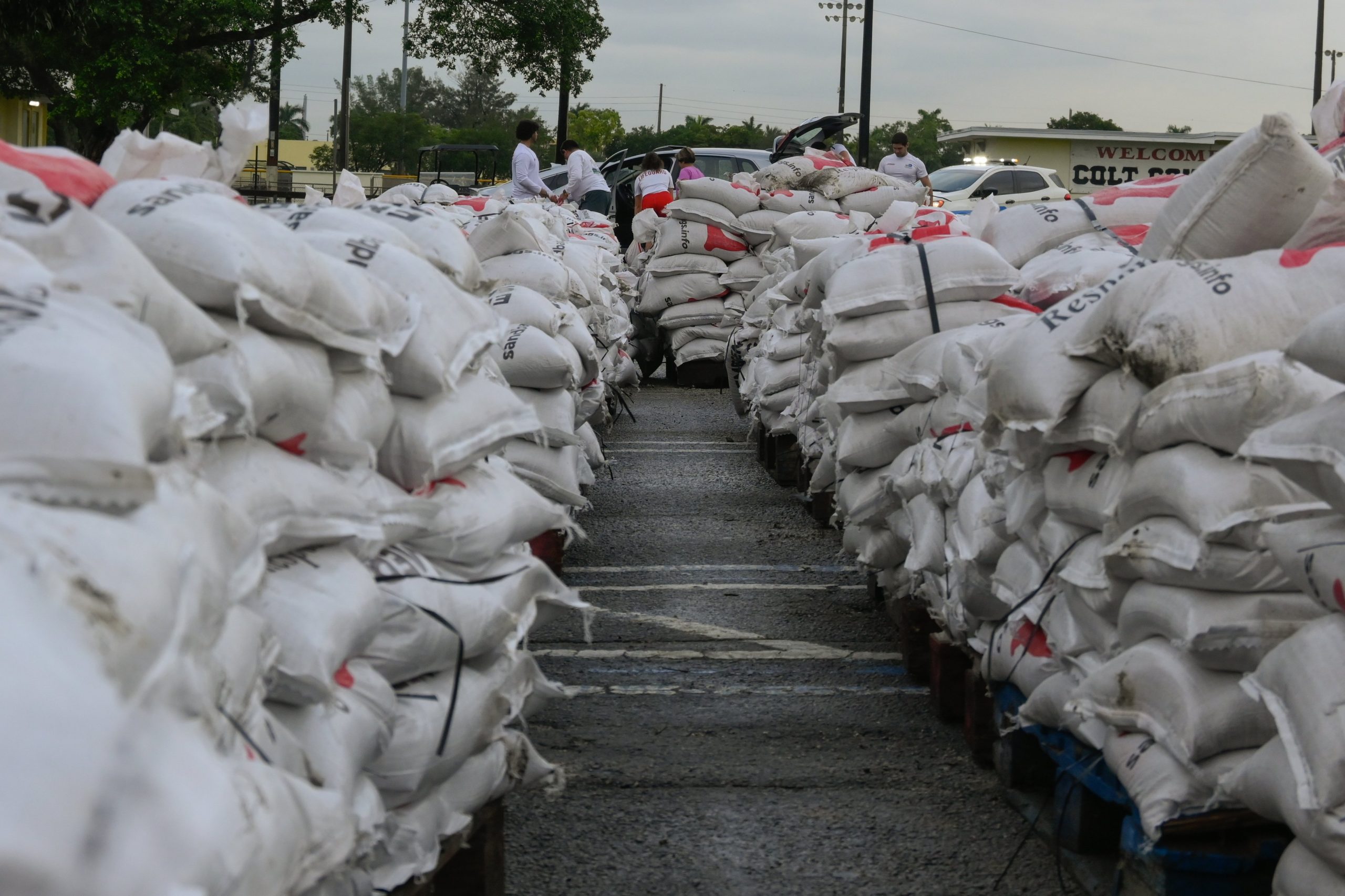 sandbags stacked in preparation for hurricane milton