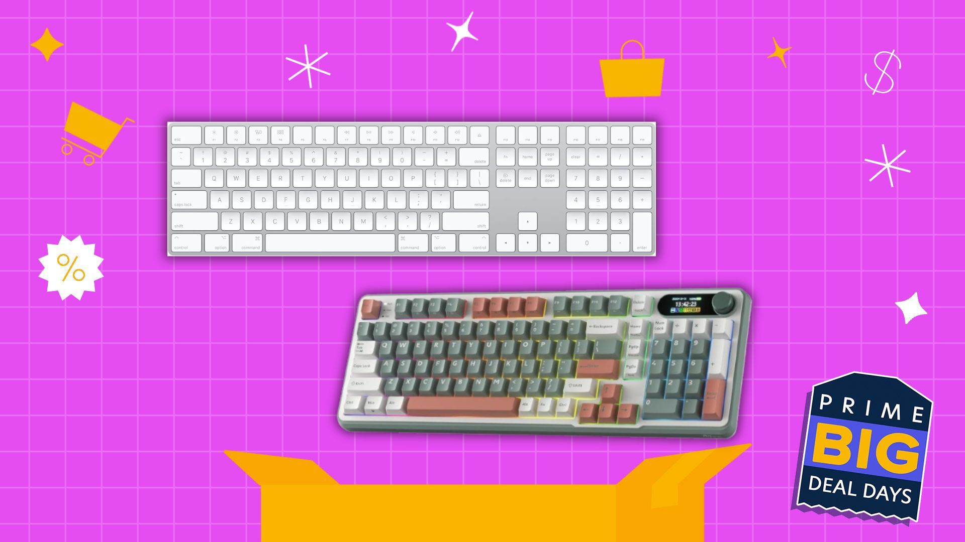 apple magic keyboard and royal kludge keyboard on pink background with prime big deal days detailing