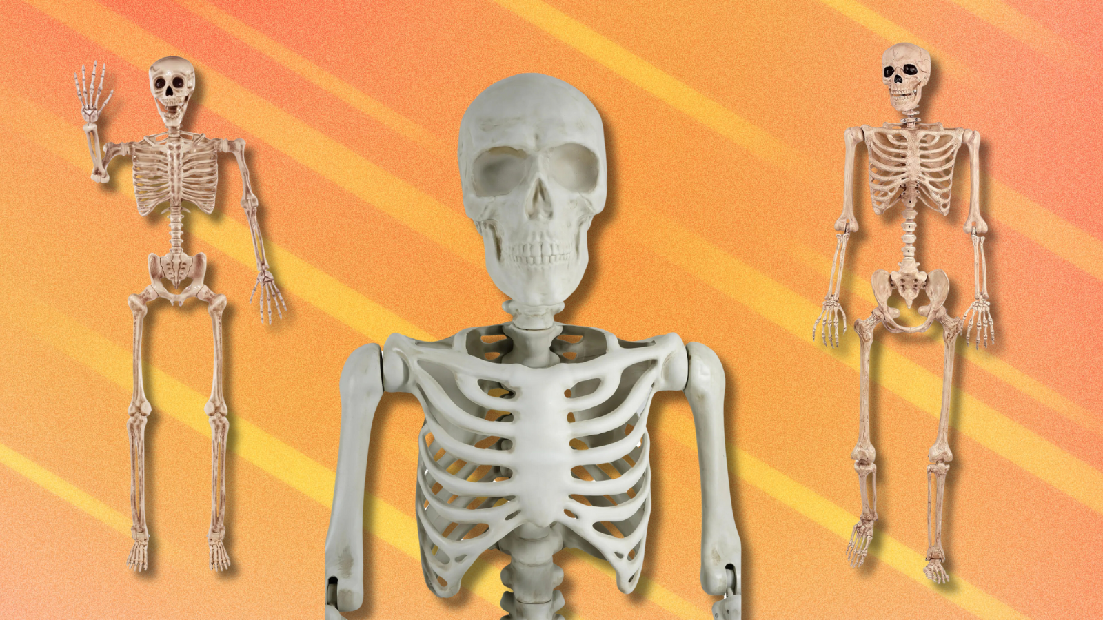 Multiple posable skeletons on orange and yellow abstract background