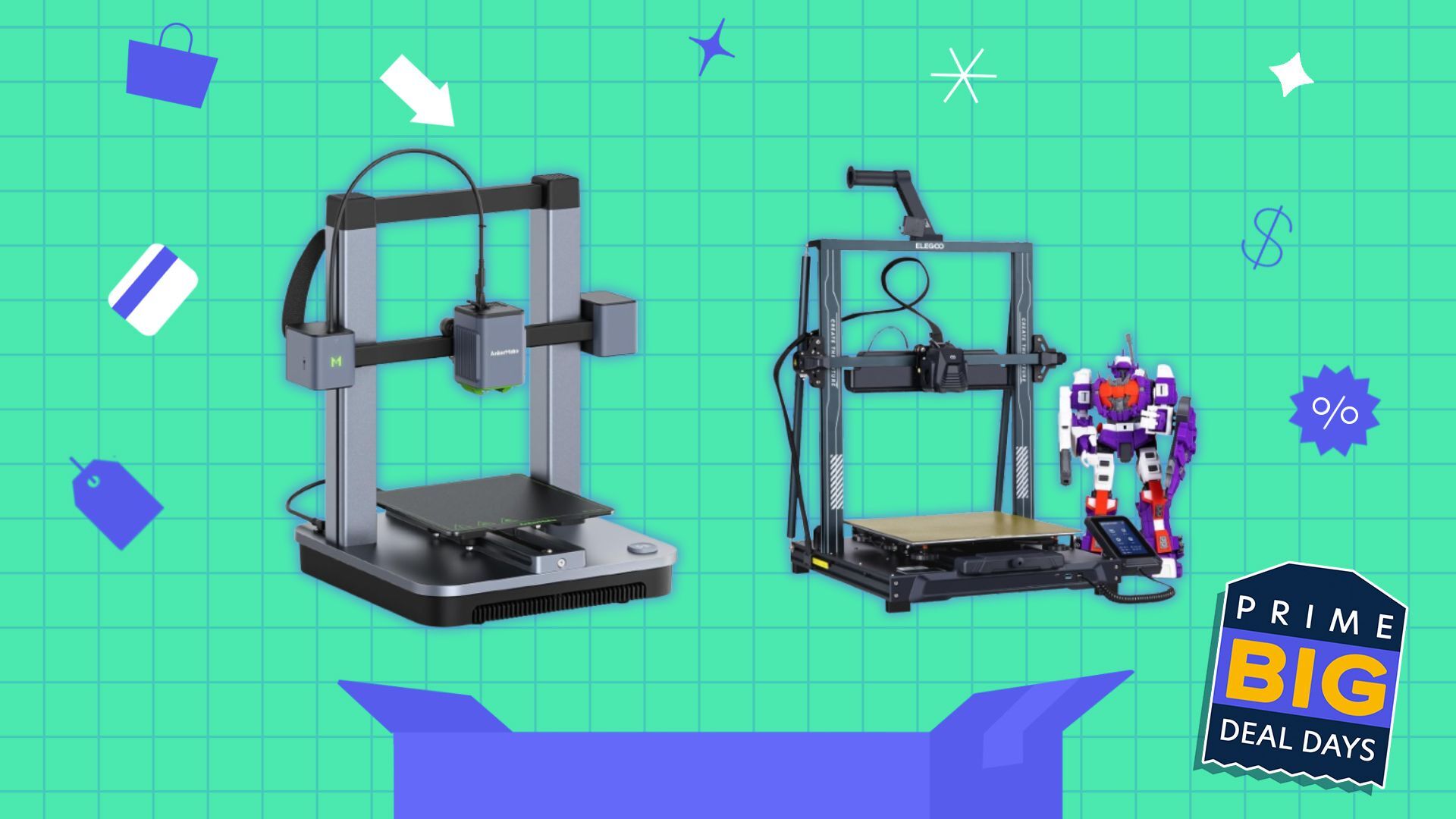 elegoo and ankermate 3d printers on green and blue background