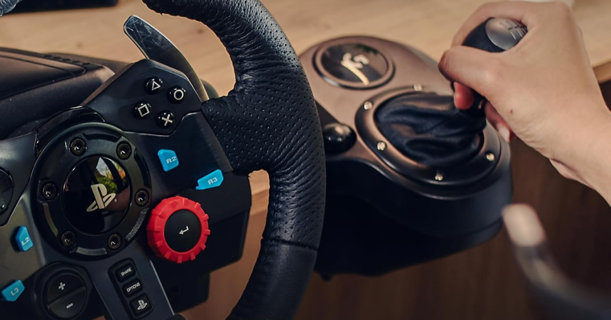 close up of the Logitech racing wheel and shifter 