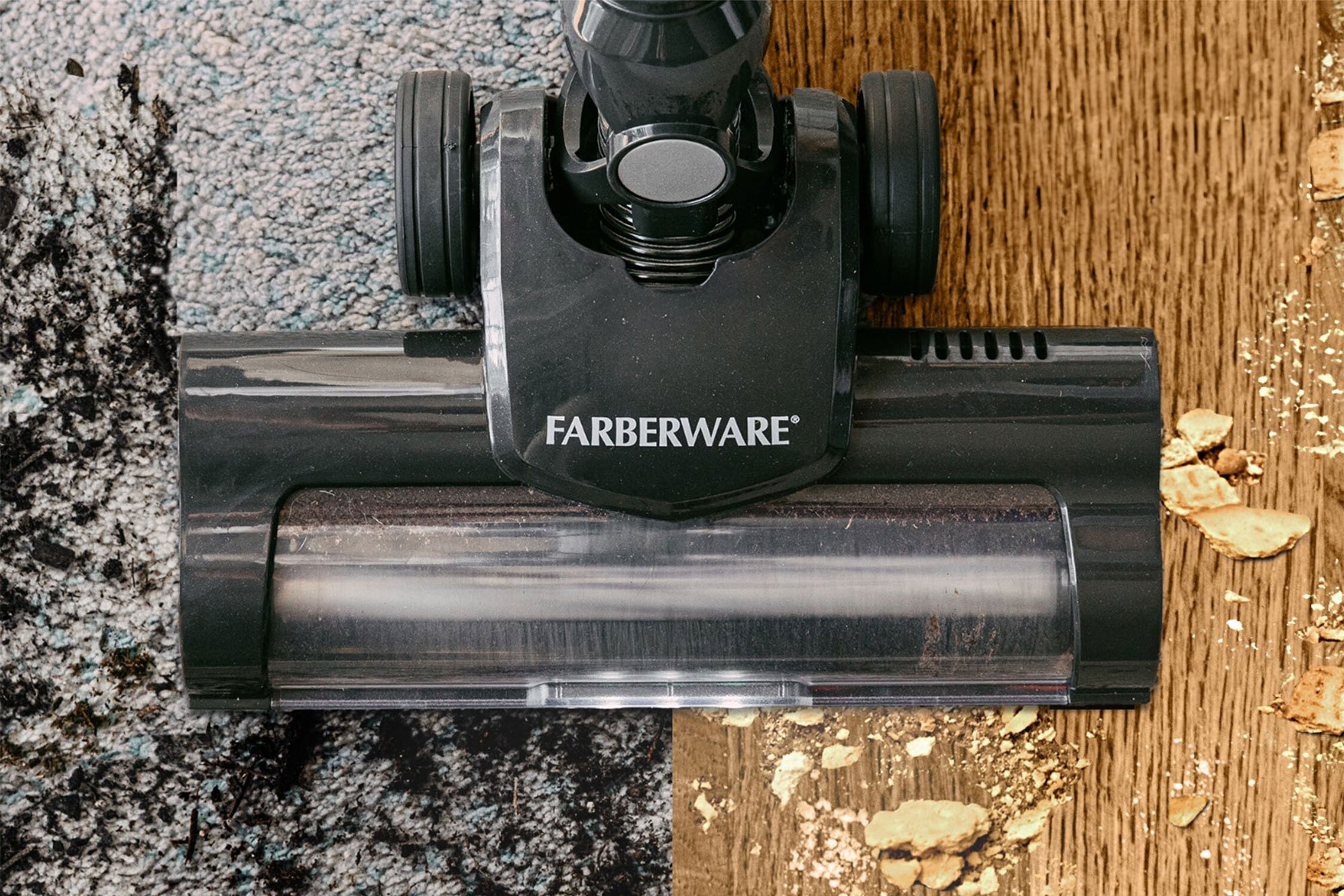 Farberware Cordless Vacuum cleaning on rug and hardwood