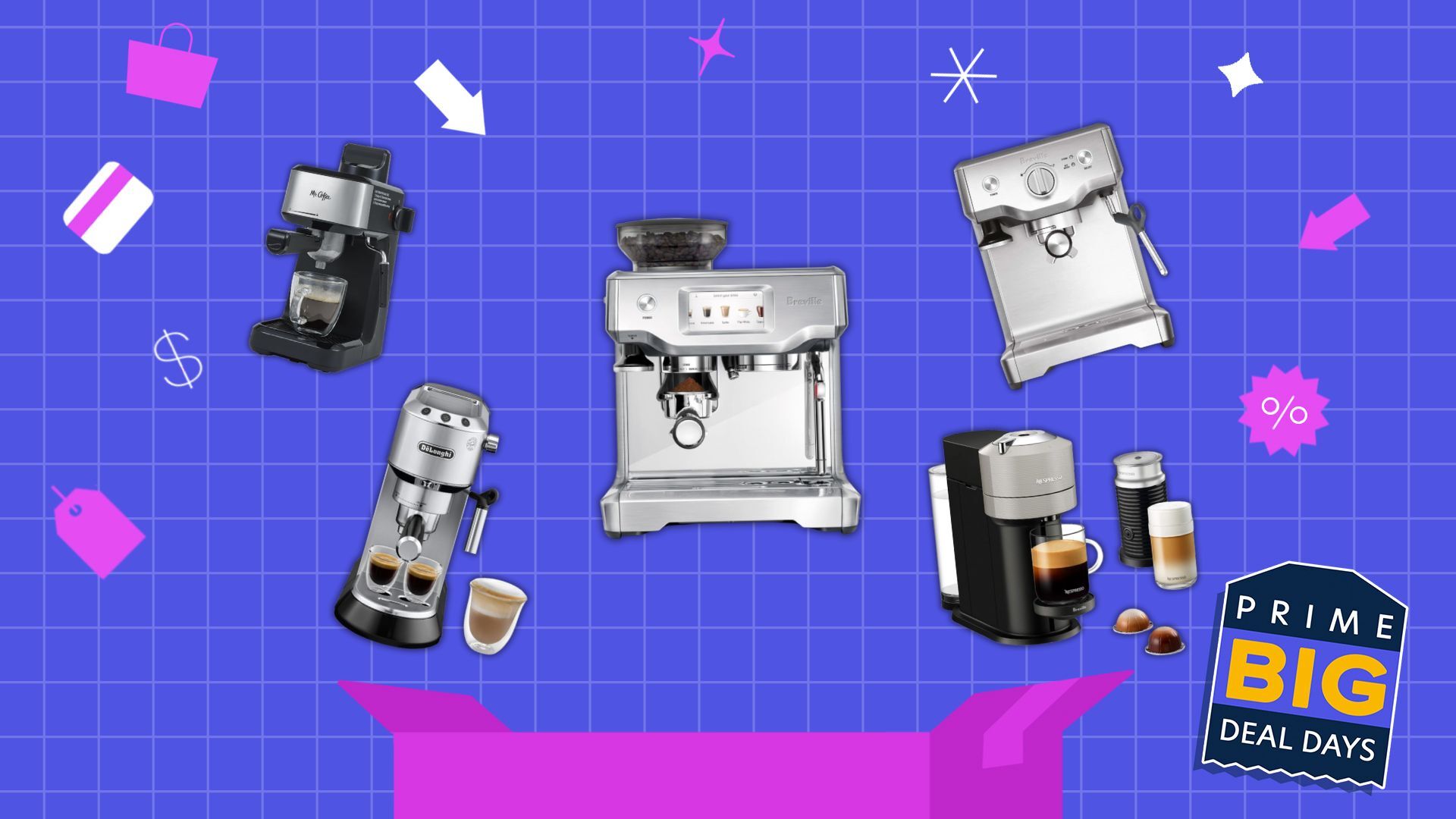 five different espresso machines from Mr. Coffee, De'Longhi, Breville, Nespresso on a blue grid background with pink detailing related to prime day