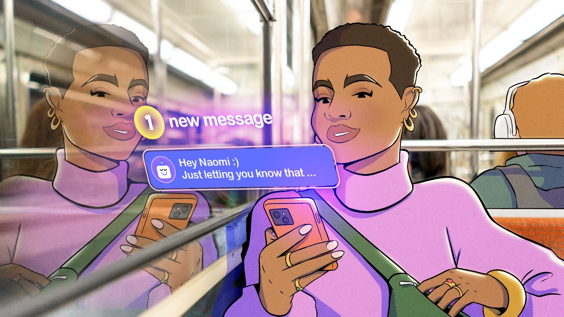 A cartoon woman uses social media on a smartphone while riding public transportation