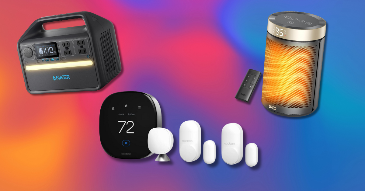 a power station, smart thermostat, and space heater against a colorful background 