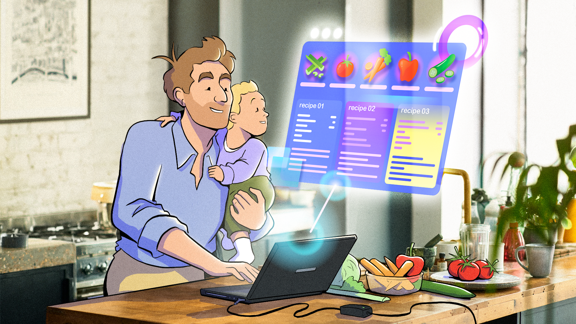 A man holding a child uses a laptop while cooking